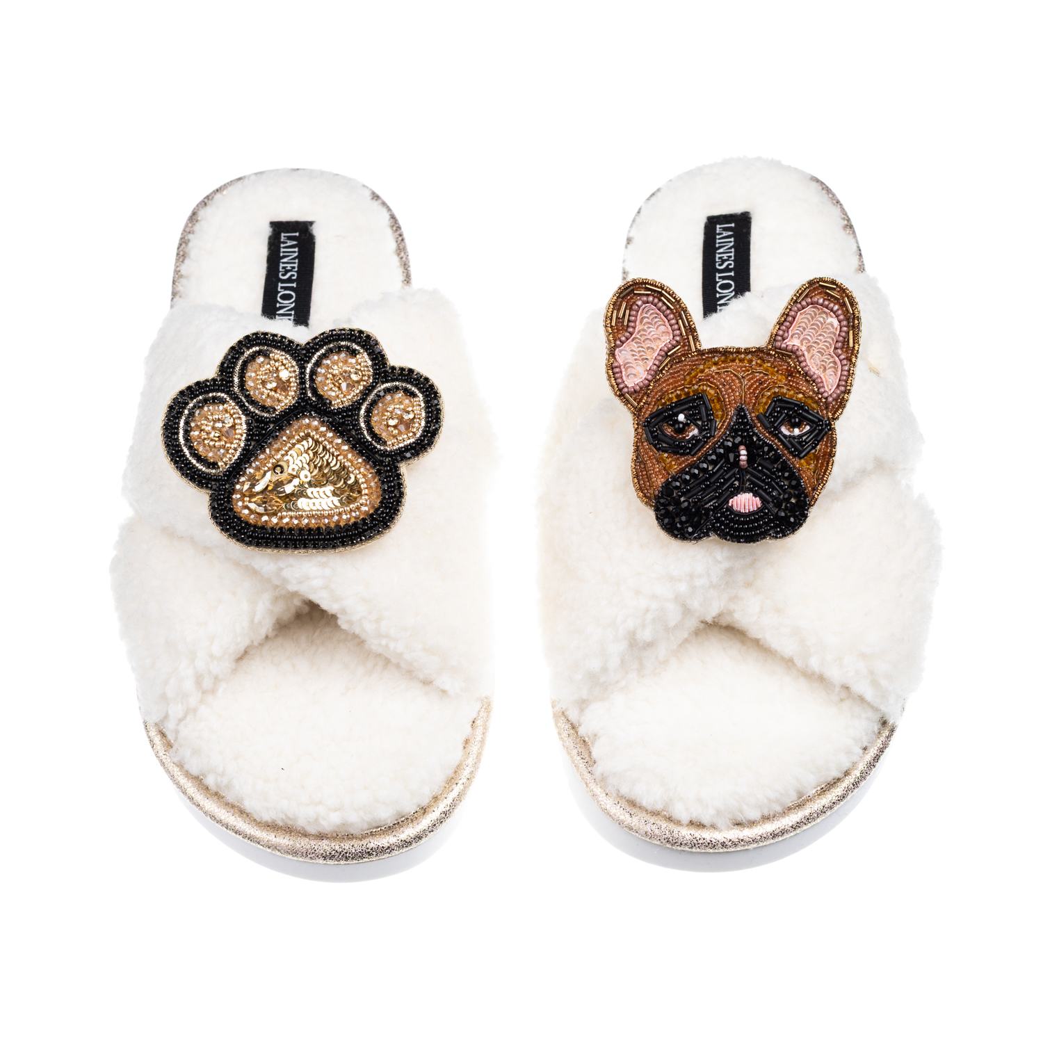 Laines London Women's Neutrals / White Laines Neutral Boucle Slippers With Cookie The Frenchie & Paw Brooches - Cr