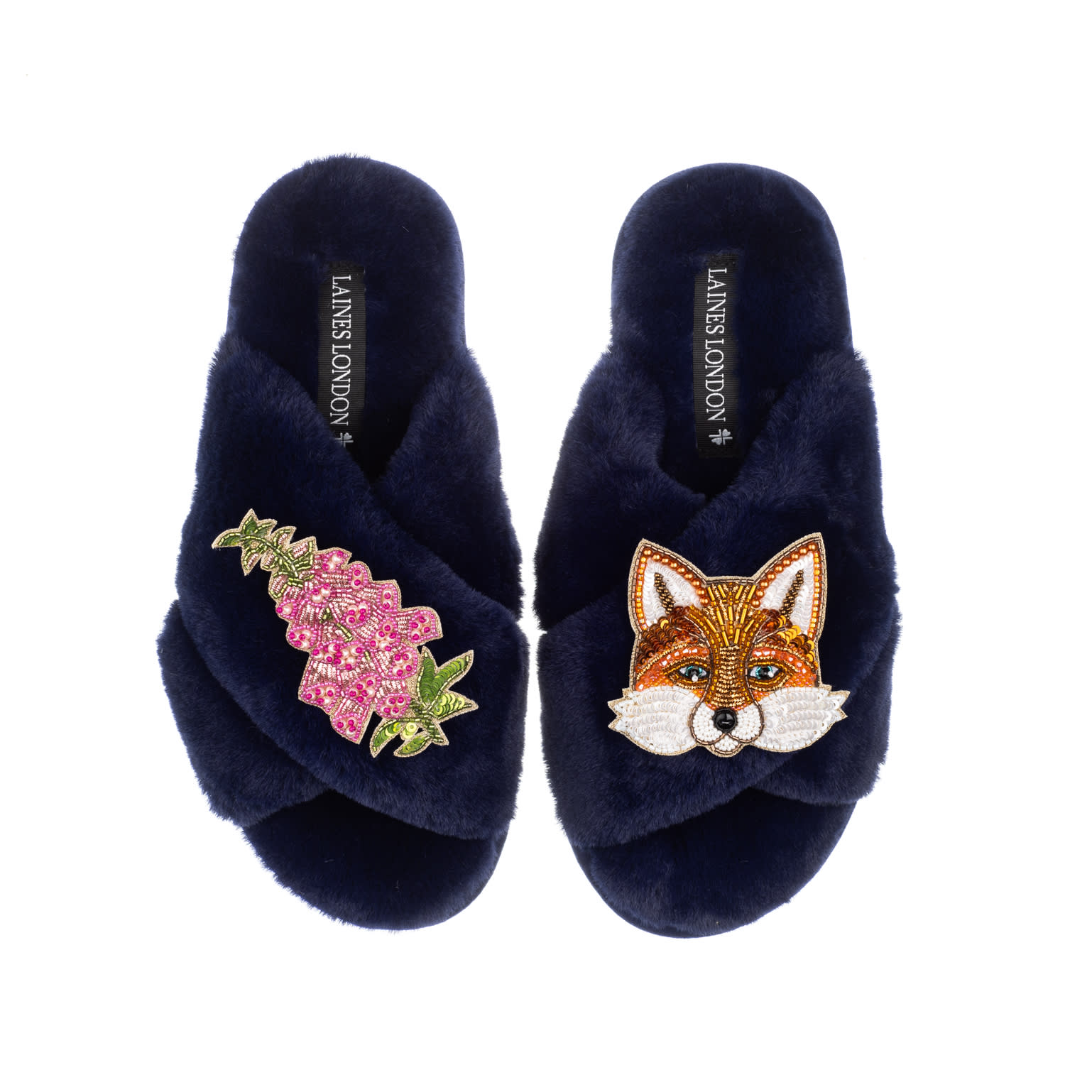 Laines London Women's Blue Classic Laines Slippers With Pink Foxglove Flowers & Fox Brooches - Navy In Blue