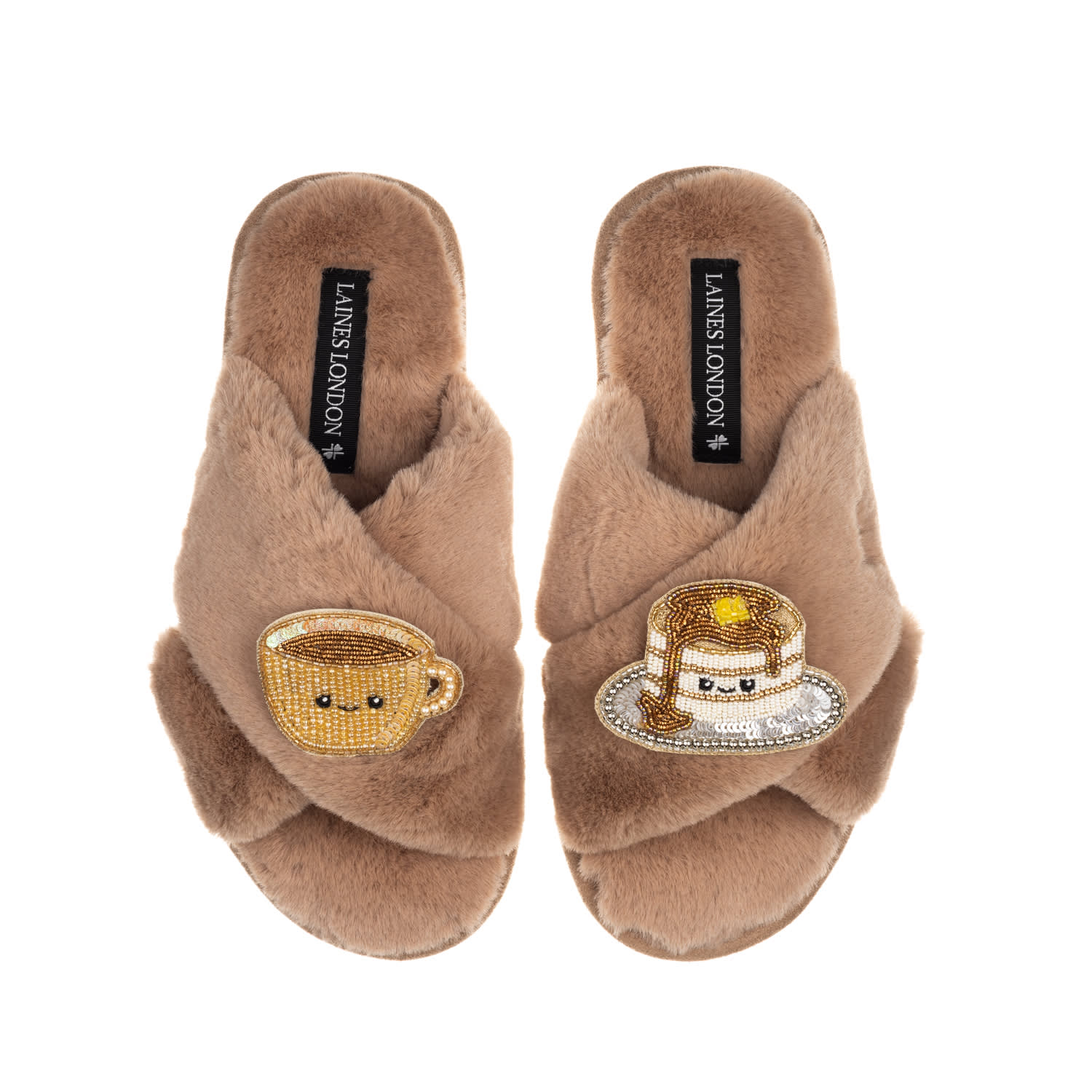 Laines London Women's Brown Classic Slippers With Laines Loveables Coffee & Pancakes Brooches - Toffee In Brown