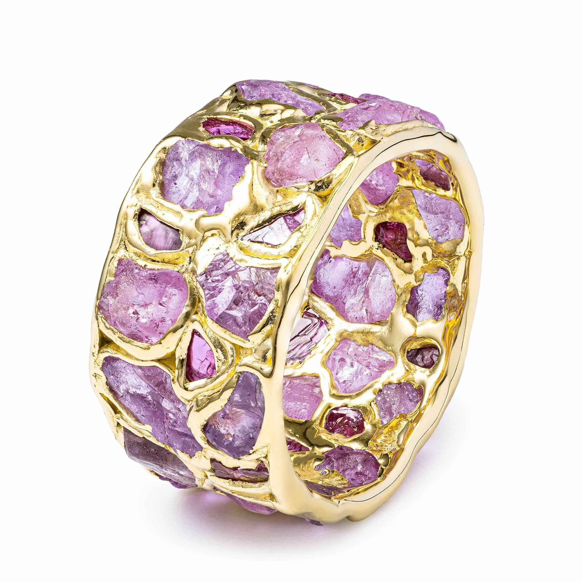 Women&rsquo;s Pink / Purple / Gold Lythara Handcrafted Gold Plated Silver Barrel Ring With Raw Pink Sapphire And Ruby | German Kabirski