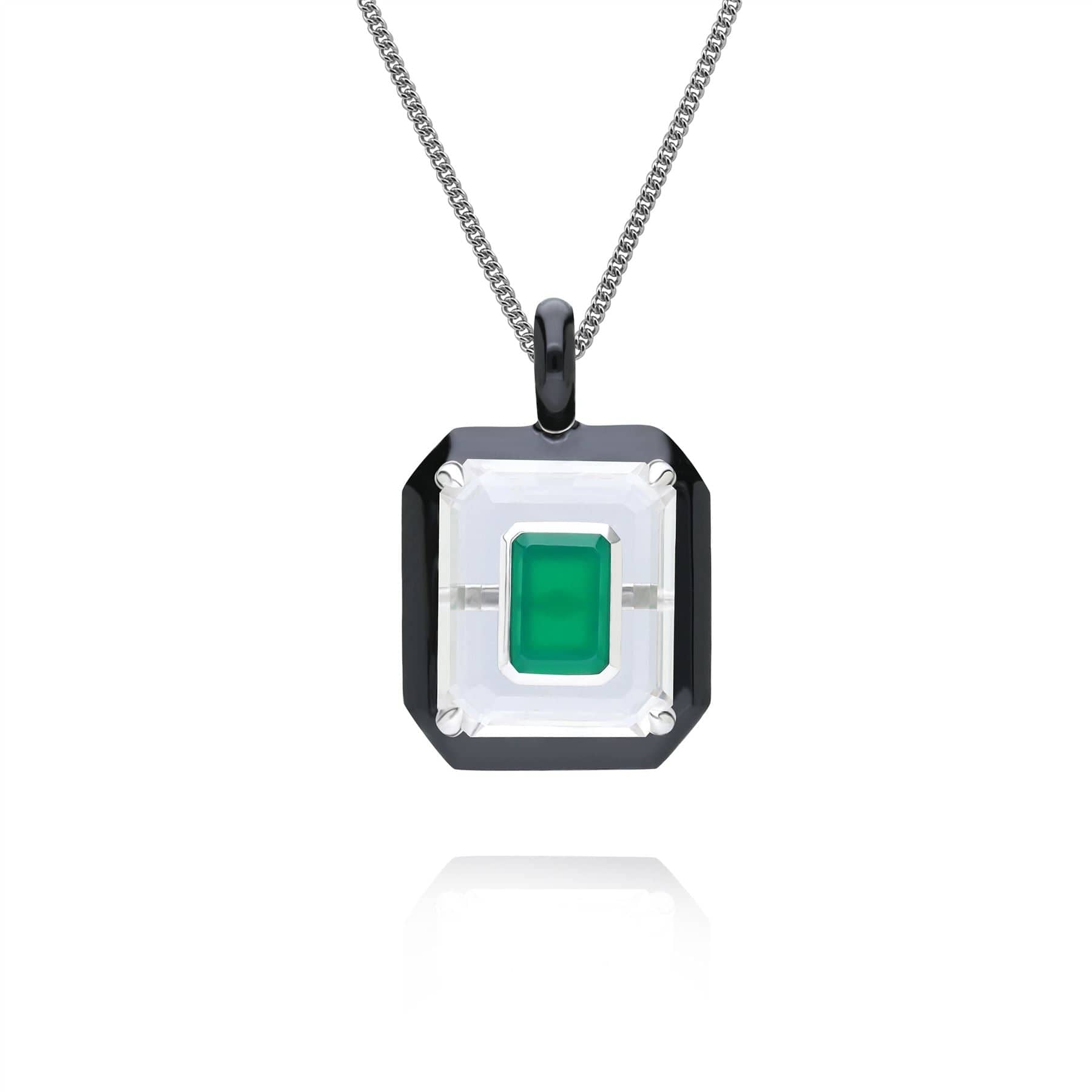 Women’s Green / Black / Silver Rock Crystal, Chalcedony & Black Enamel Pendant In Sterling Silver Gemondo