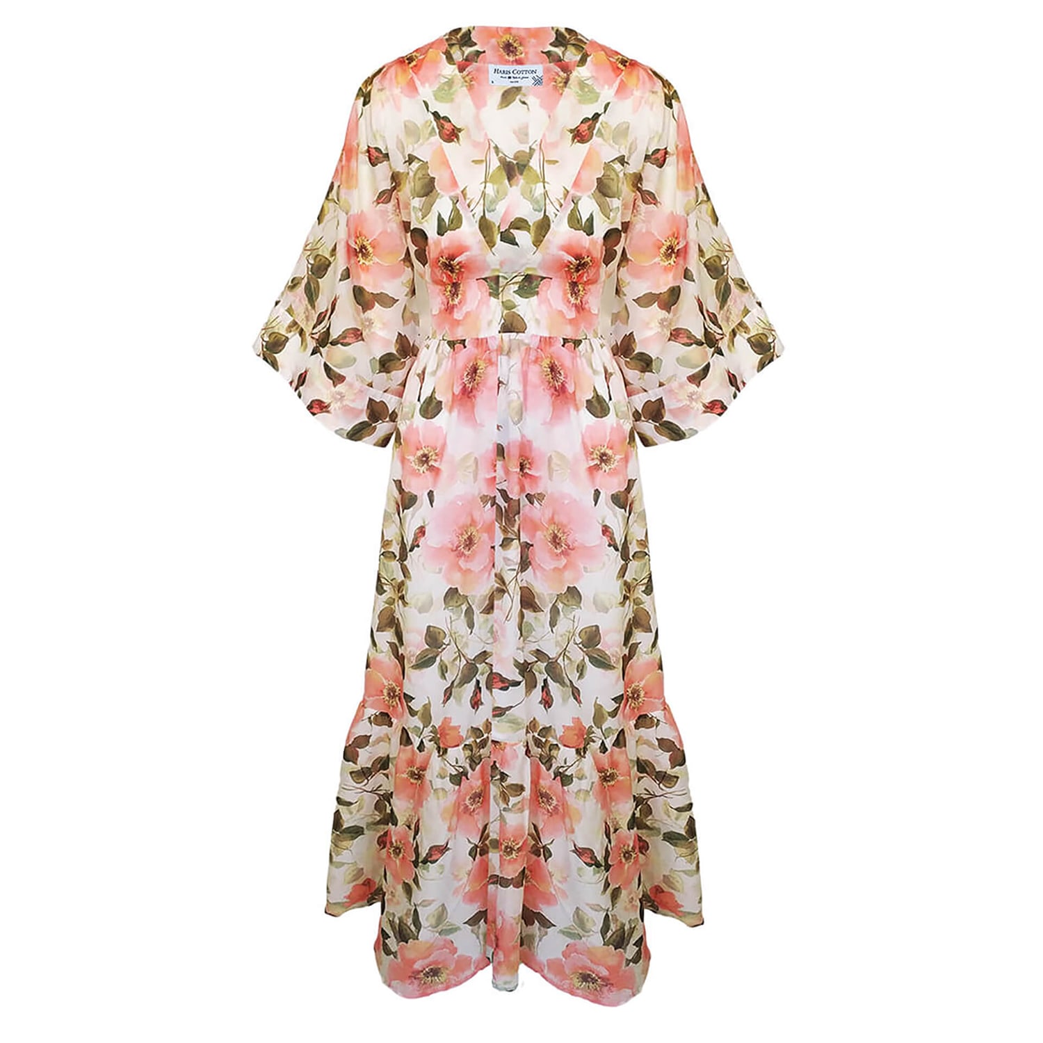 Haris Cotton Women's Printed Voile Cotton Maxi Wrap Dress With Kimono Sleeves - Pink Roses