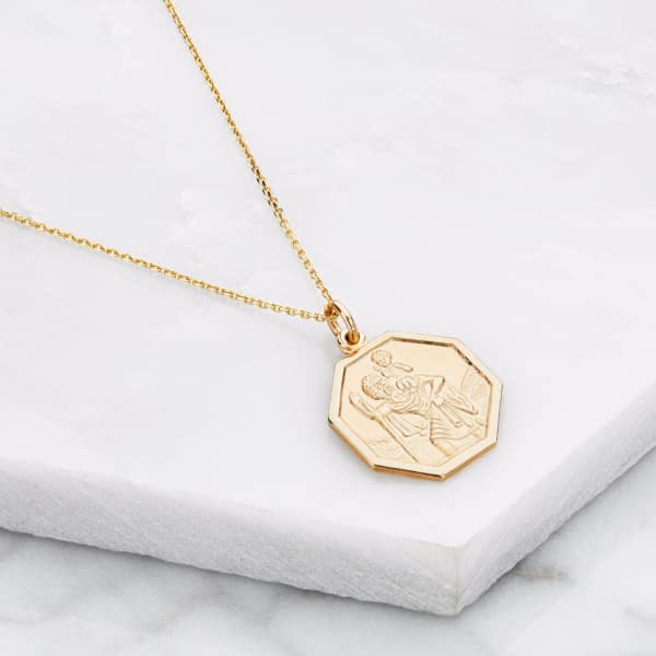 Lily & Roo Solid Gold St Christopher Octagonal Medallion Pendant Necklace In Pendant