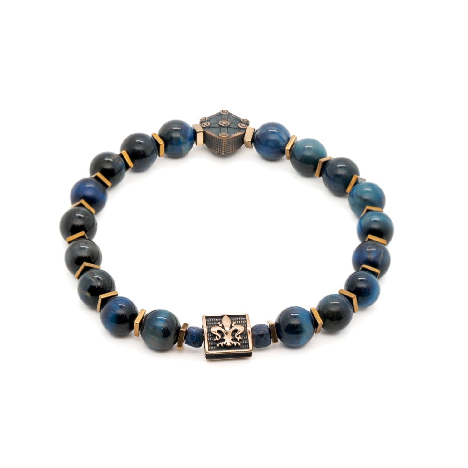 Men’s Gold / Blue Blue Tiger Eye Stone Shield Charm Beaded Bracelet - Blue Ebru Jewelry