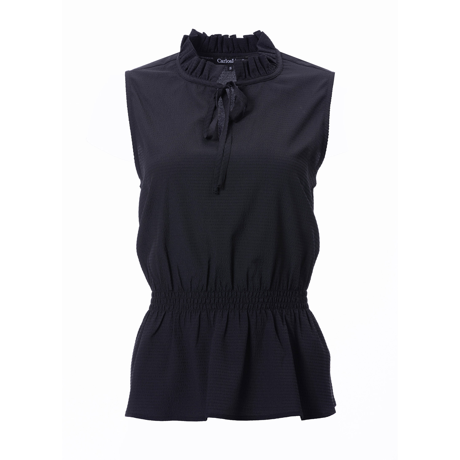 Carloslines Women's Front Neck Tie Smocked Waist Sleeveless Top In Black Solid
