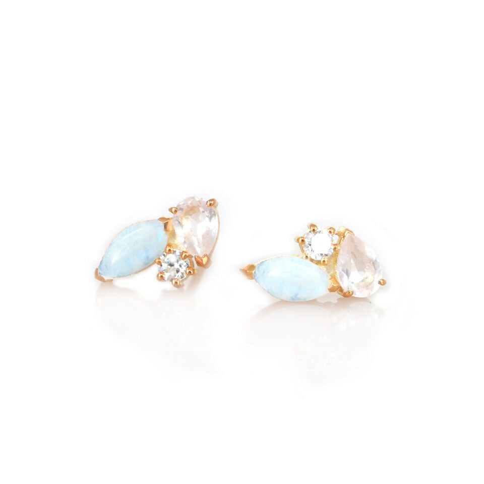 Women’s Gold Rainbow Moonstone, Rose Quartz & Diamond Sweet Pea Studs La Kaiser