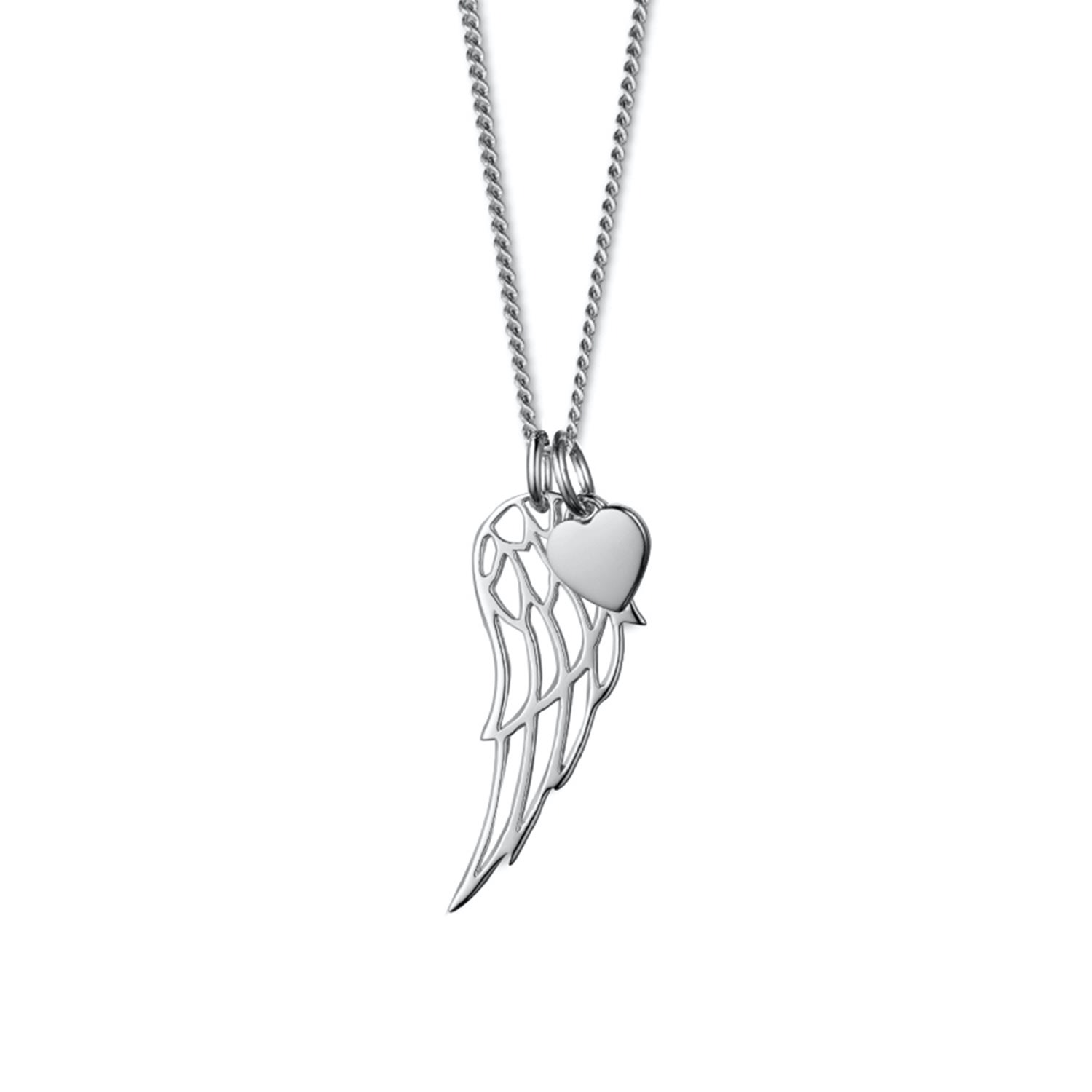 Women’s Silver Angel Wing Pendant With Heart Charm. Steff Jewellery