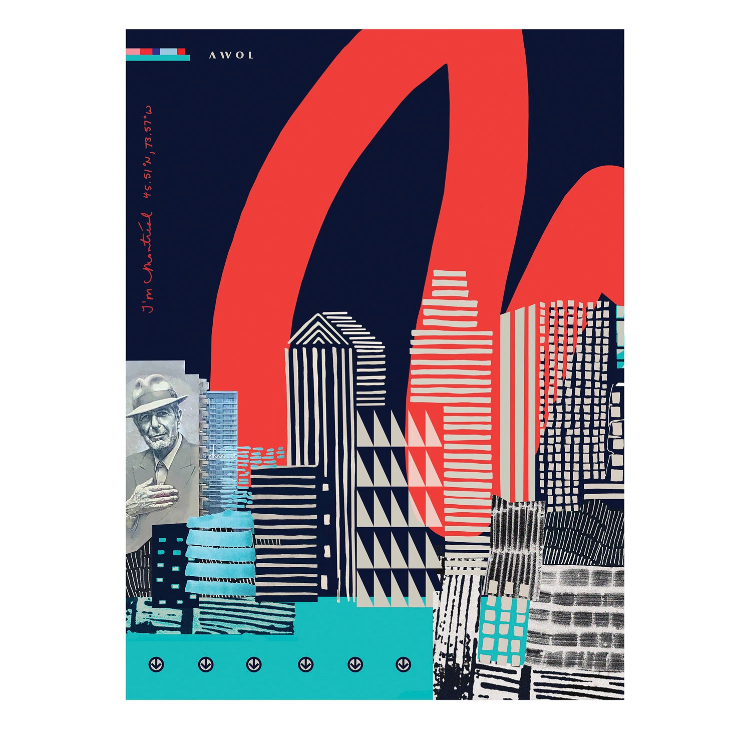 Blue / Black / Red Montreal Cityscape: Urban Skyline Art Print Awol