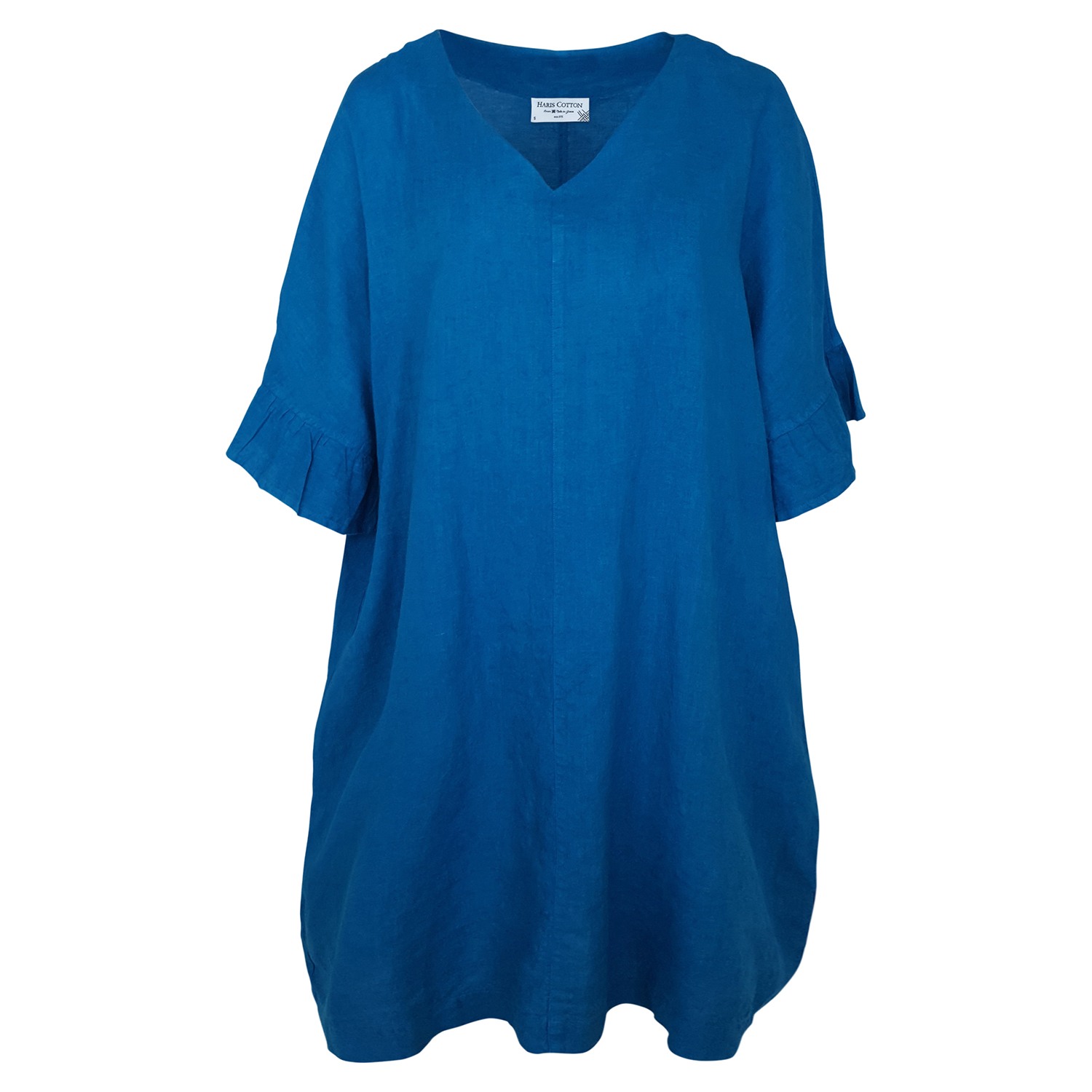 Haris Cotton Women's Cami Ruffled Sleeves Linen Dress - Aegean Blue