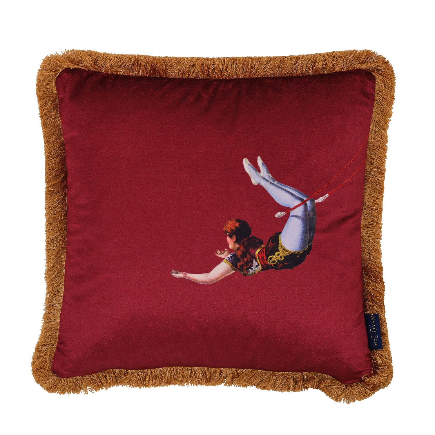 Red / Gold / Pink Trapeze Girl & Stripes Fringe Velvet Cushion Deep Berry Red Melody Rose London