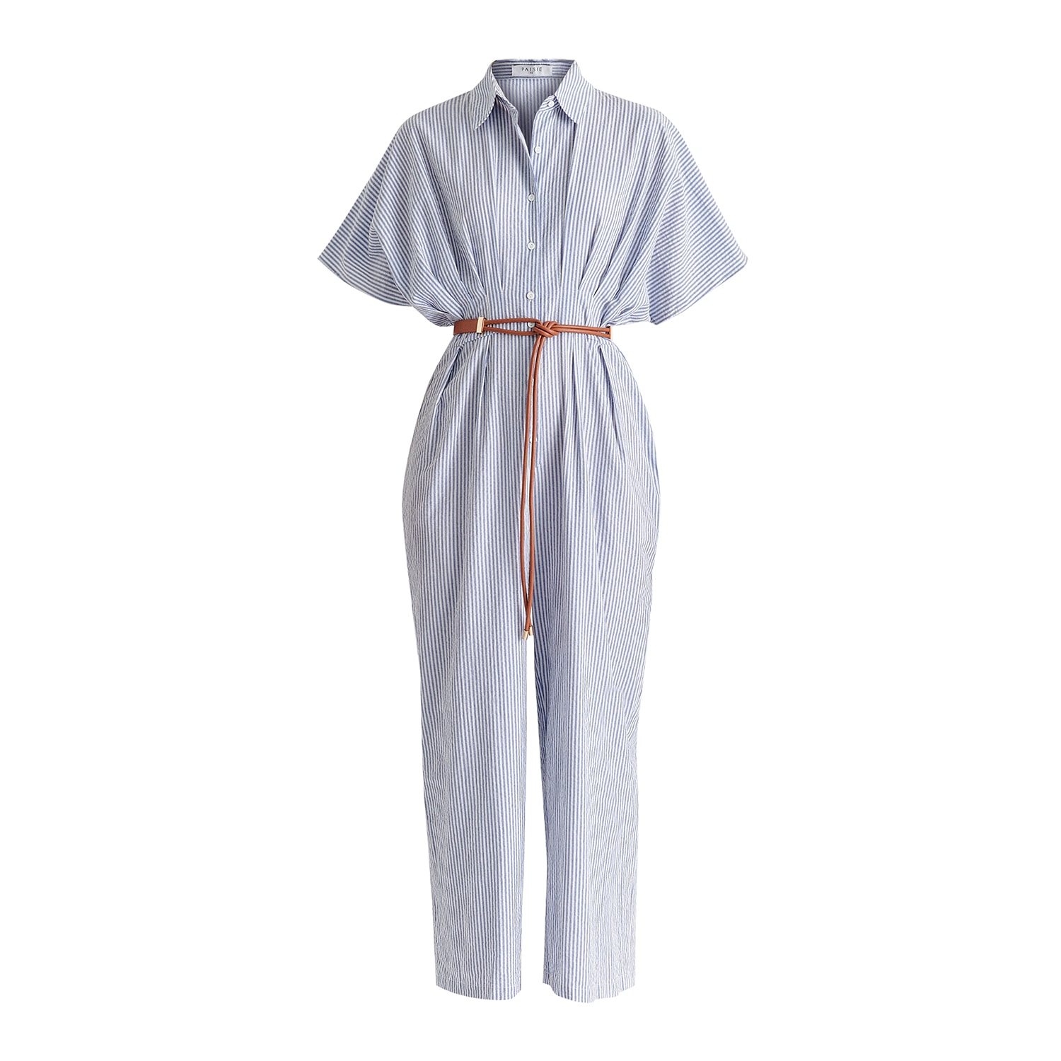 Paisie Women's Striped Jumpsuit With Waist Pleats In White And Blue In Blue/white
