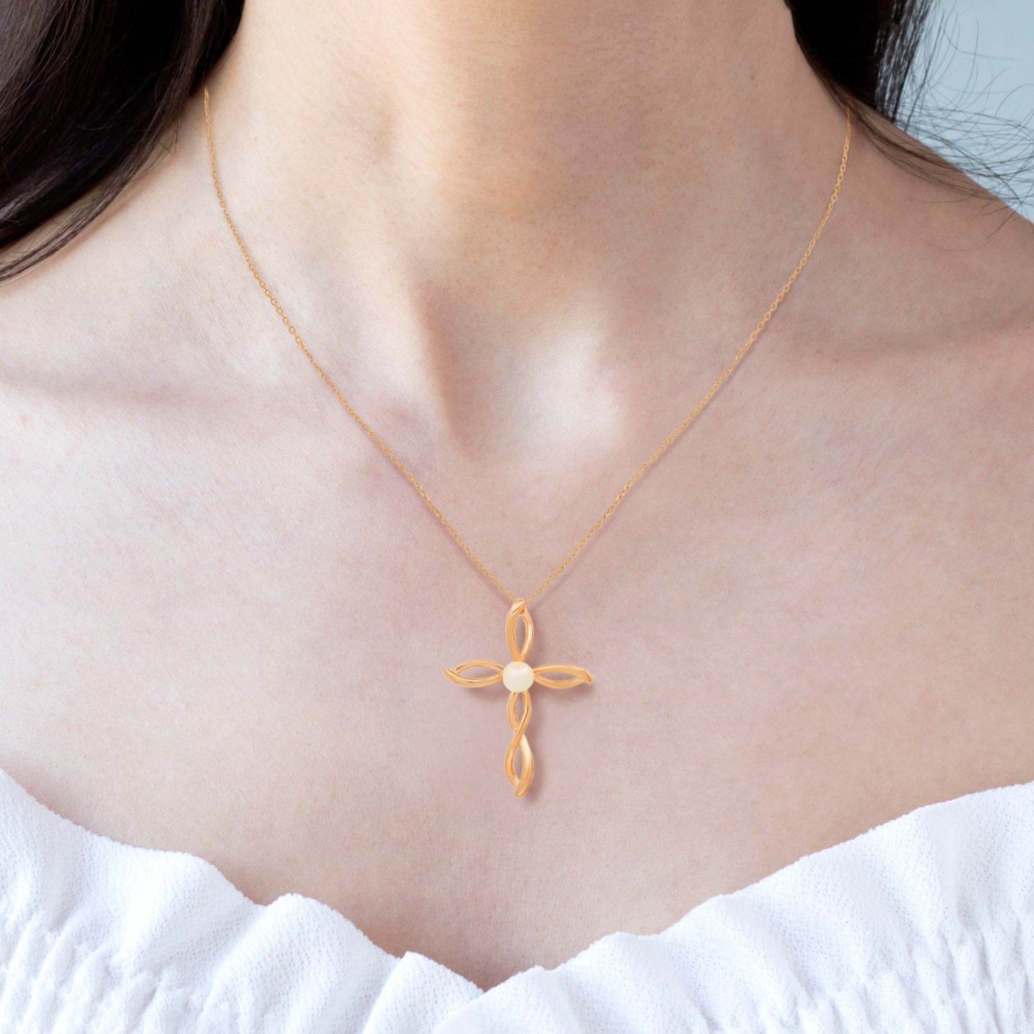 Women’s Rose Gold Swirling Genuine Pearl Cross Pendant Necklace Kylie Harper