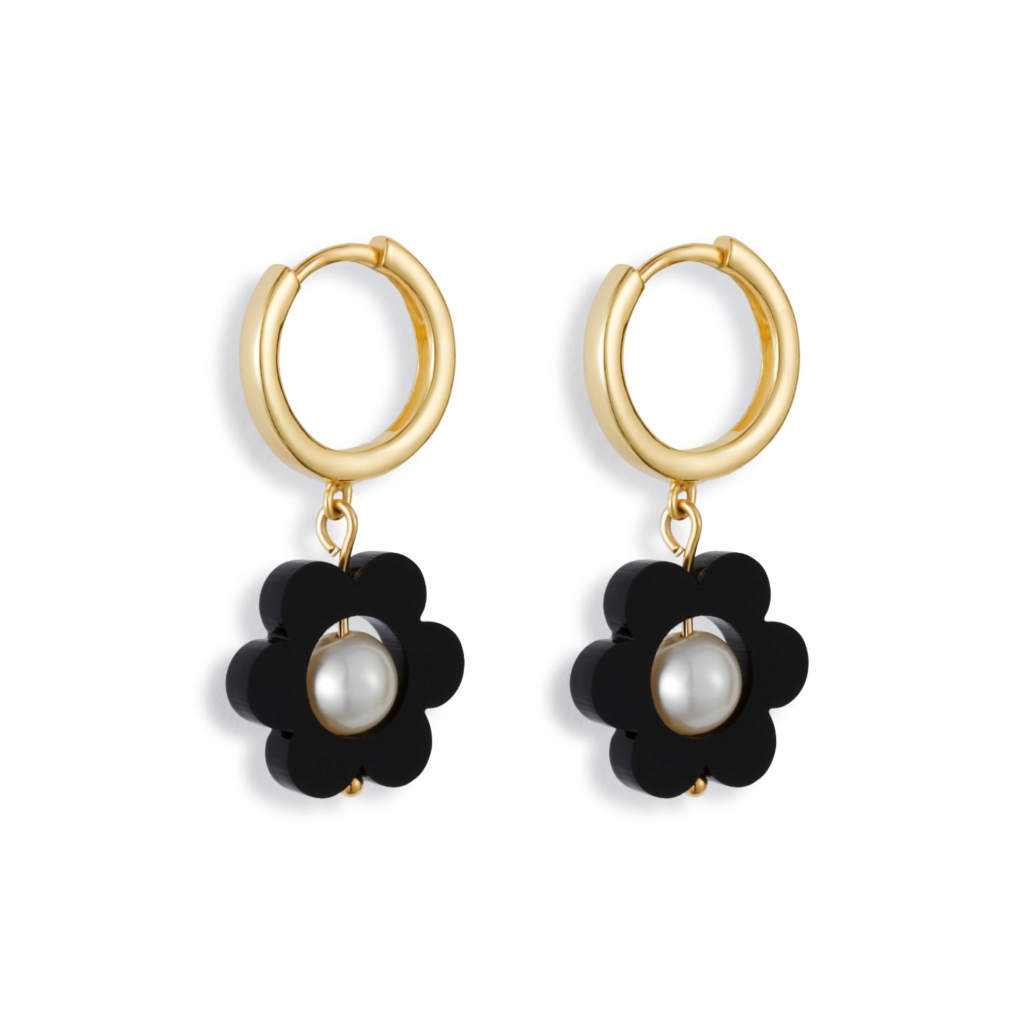 Toolally Women's Black / Gold Flower Pearl Huggie Earrings - Black In Black