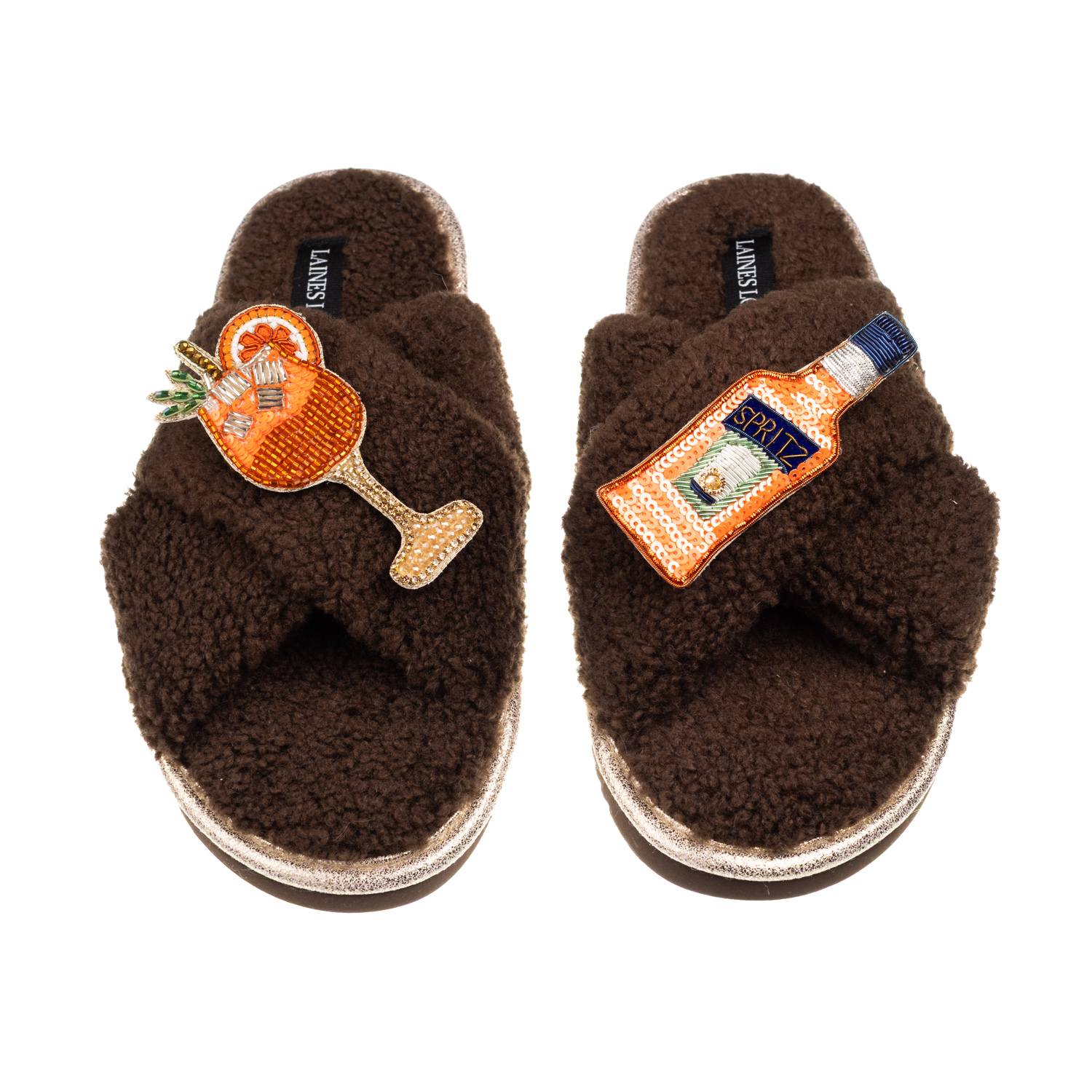 Laines London Women's Brown / Neutrals Laines Neutral Boucle Slippers With Summer Spritz Brooches - Chocolate