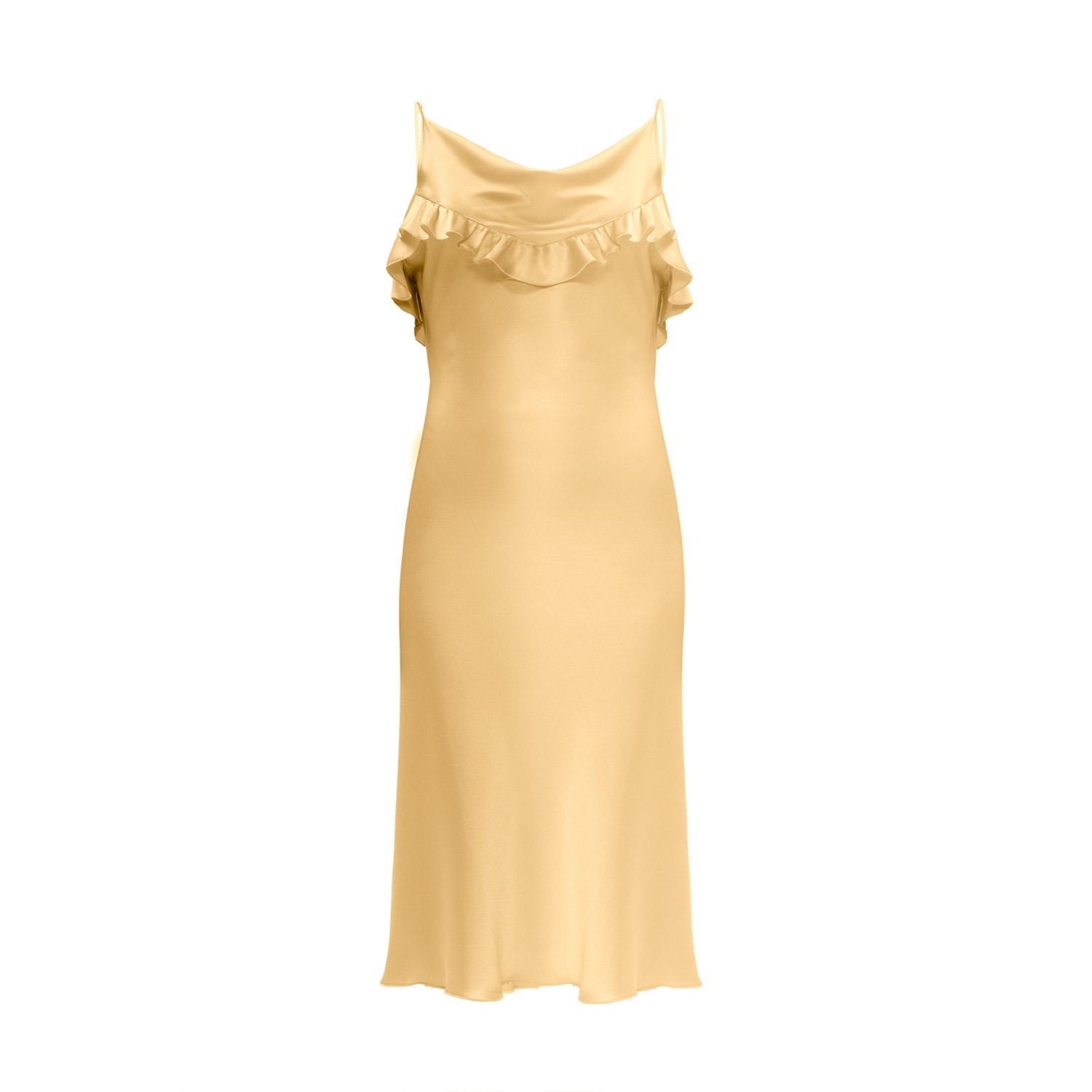 Women's Neutrals Silk Midi Dress With Ruffle Detail In Champagne | Large | Incantevole Milano