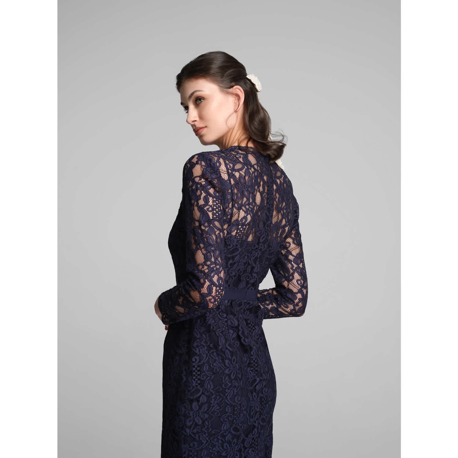 Rumour London Chiara Long Sleeve Lace Pencil Dress - Blue