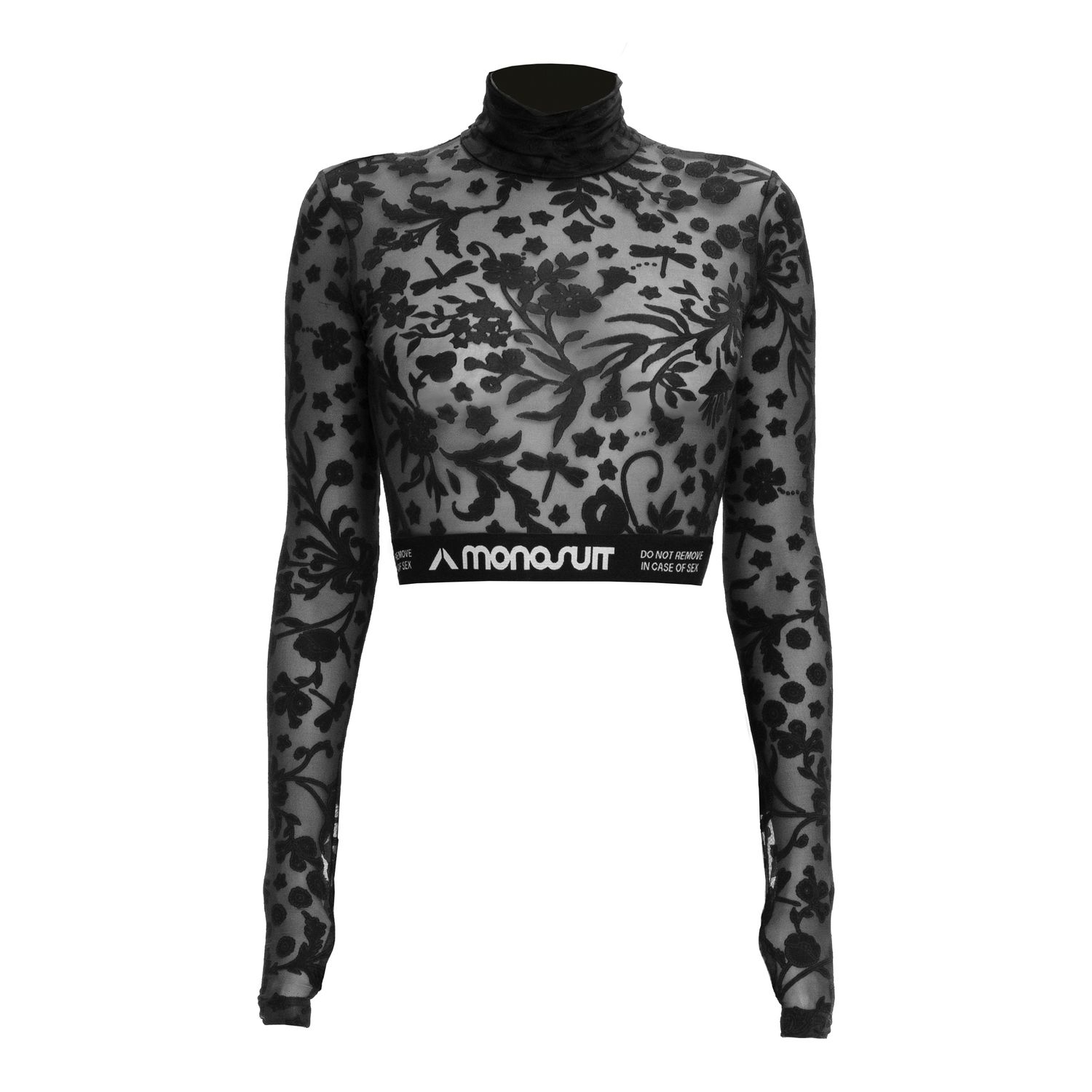 Women’s Black Crop Top Premium Fabric Floral Pattern Medium Monosuit