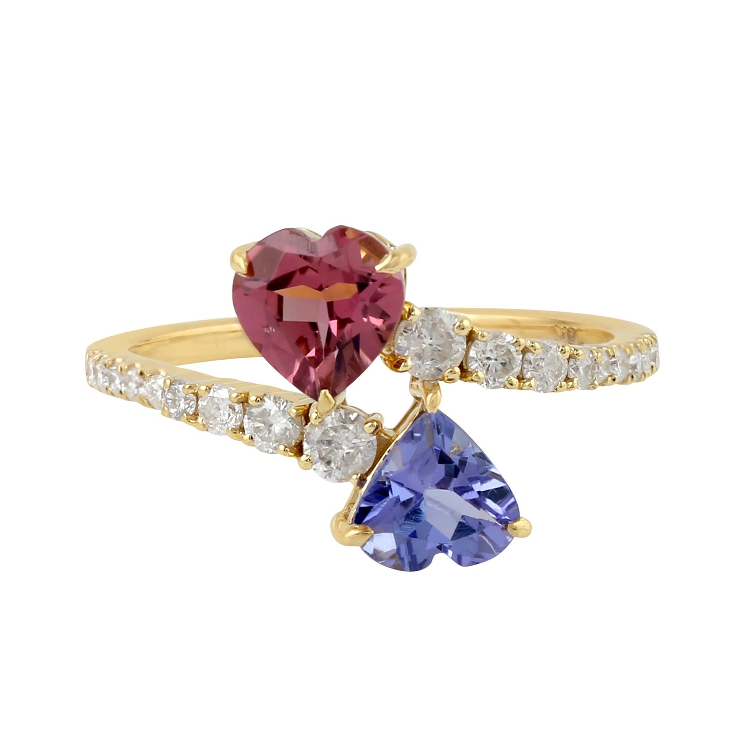 Women’s Blue / Red 18K Yellow Gold Pave Diamond Pink Tourmaline Tanzanite Heart Ring Gemstone Jewelry Artisan