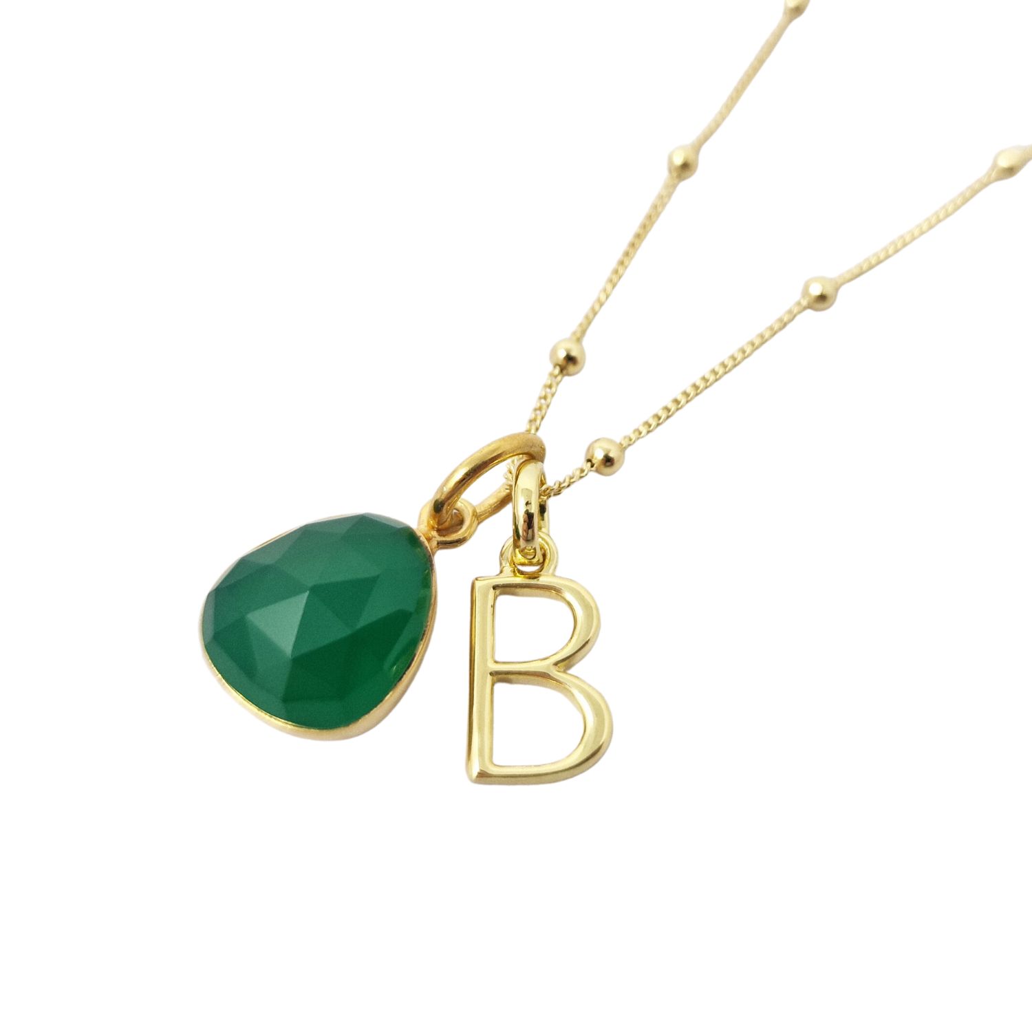 Harfi Women's Gold / Green Gold Plated Green Onyx May Birthstone Initial Charm Necklace In Multi