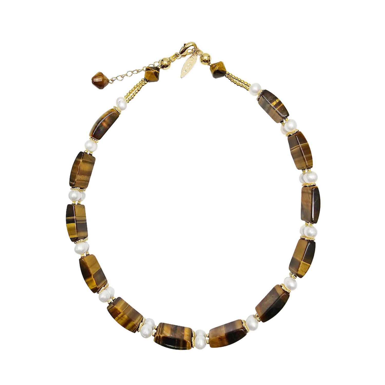 Farra Women's Brown Rectangle Tiger Eye Stone With Freshwater Pearls Choker