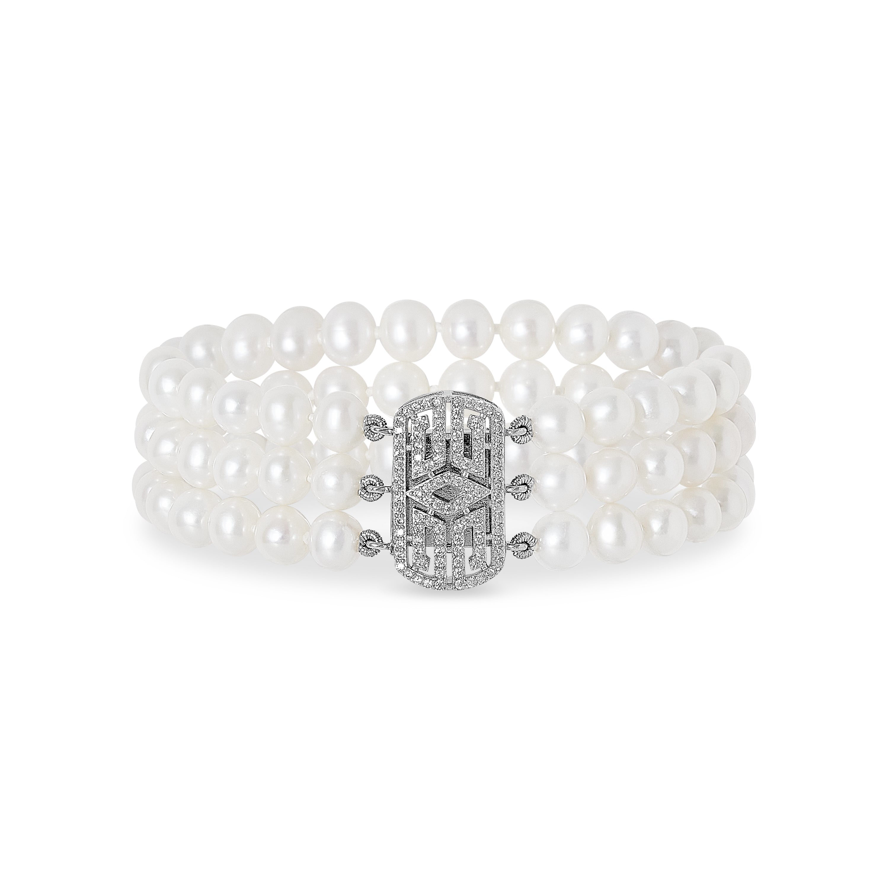 Pearls Of The Orient Online Women's Silver / White Stella Triple Strand Cultured Freshwater Pearl Bracelet With Art Deco Style P In Multi