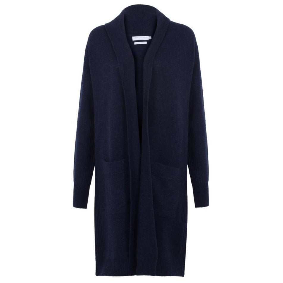 Paul James Knitwear Womens Pure Lambswool Long Line Liberty Cardigan With Pockets - Oxford Blue In Blue