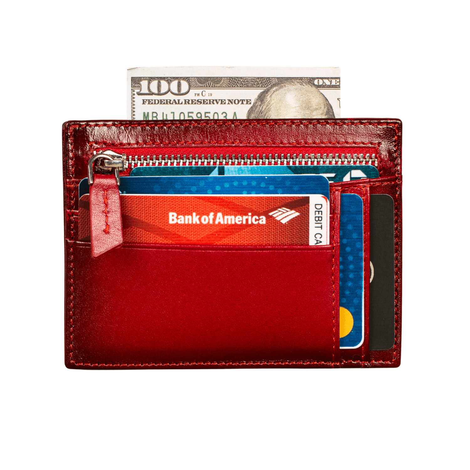 Leathere Women's Vibrant Leather Card Holder With Zipper Pocket - Glossy Red - Concord