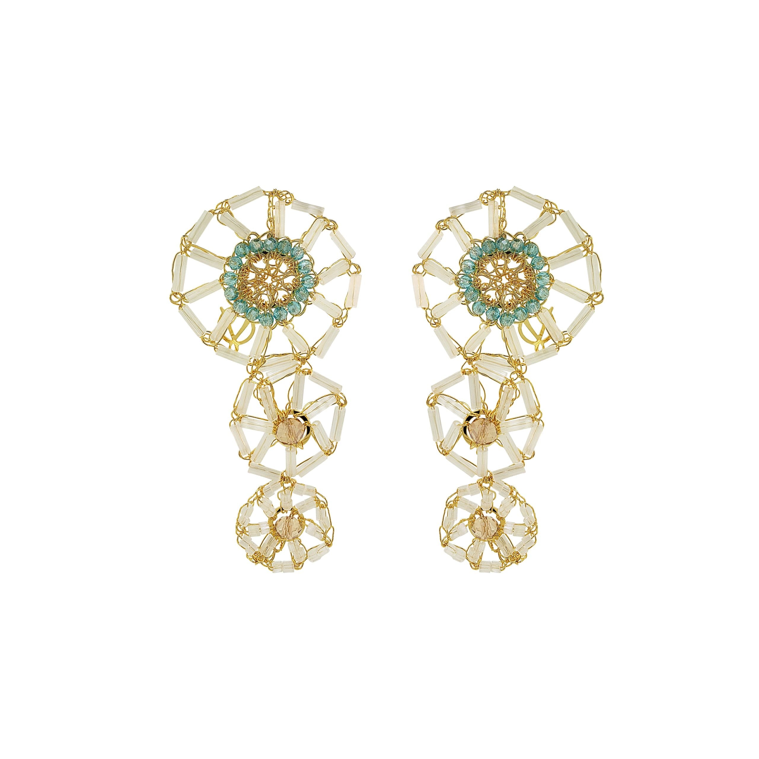 Lavish By Tricia Milaneze Women's Gold / Blue / White Seafoam Blue Mix Themis Cascade Handmade Crochet Earrings