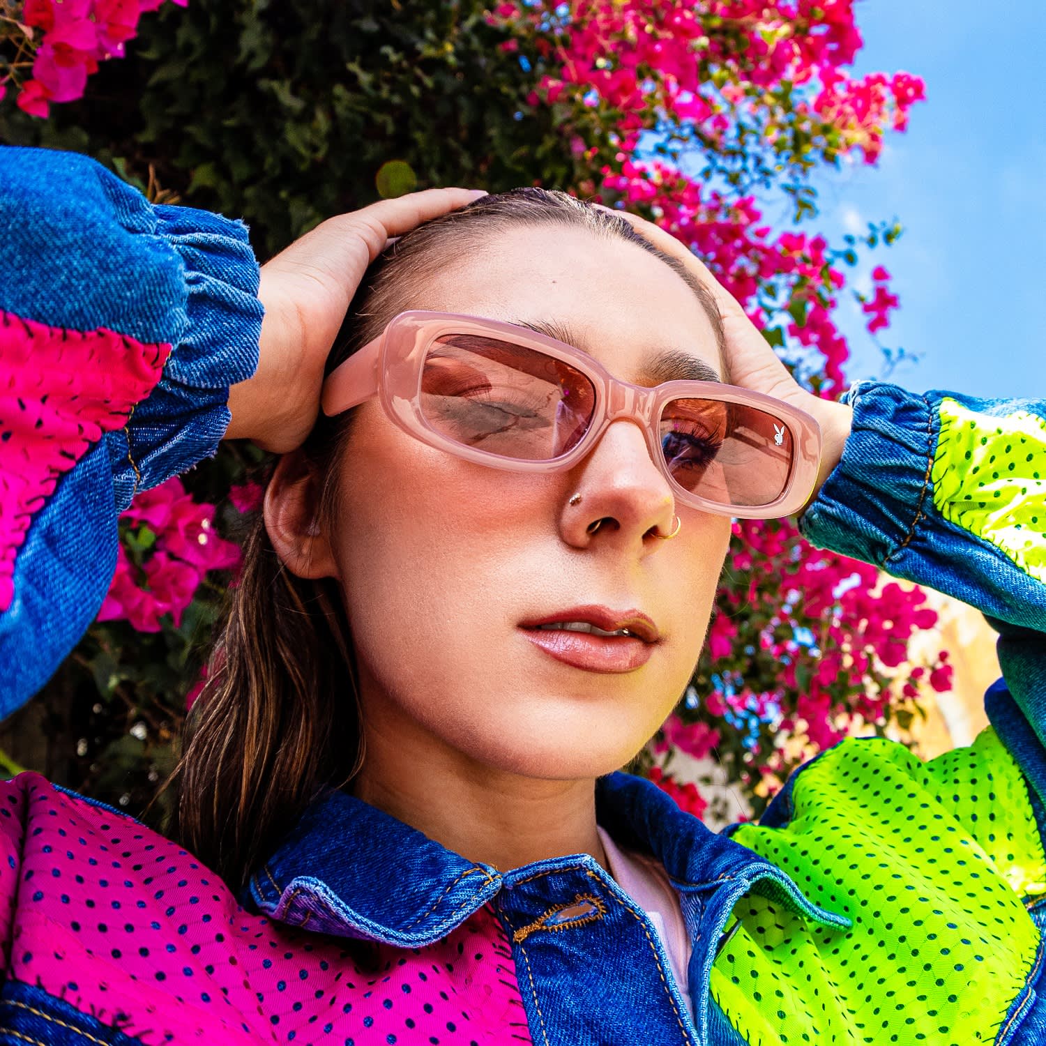 Navy Denim Jacket With Neon Pink & Yellow Nike Mesh | Quillattire