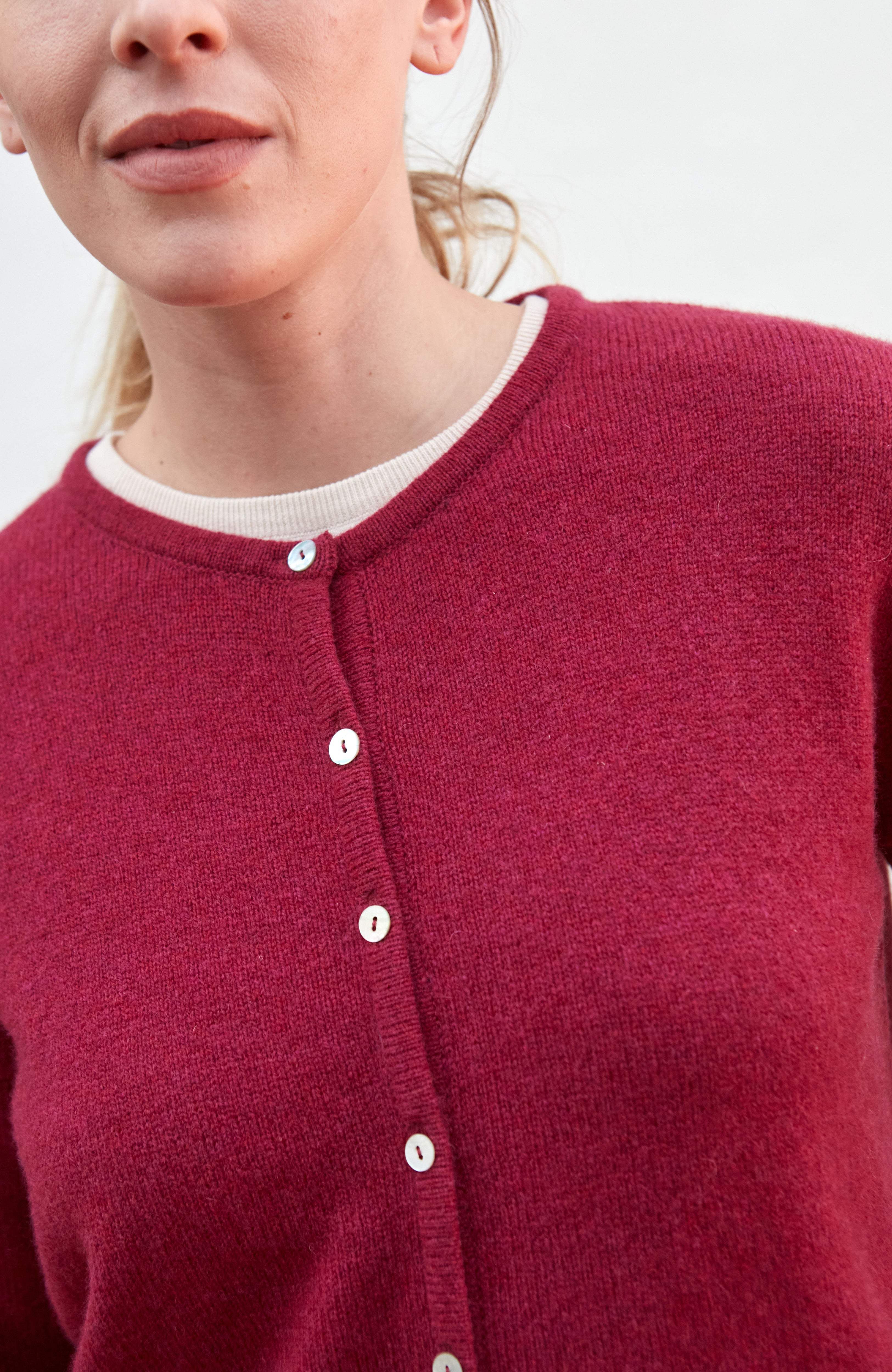 Womens Lambswool Leona Crew Neck Cardigan - Rosehip | Paul James