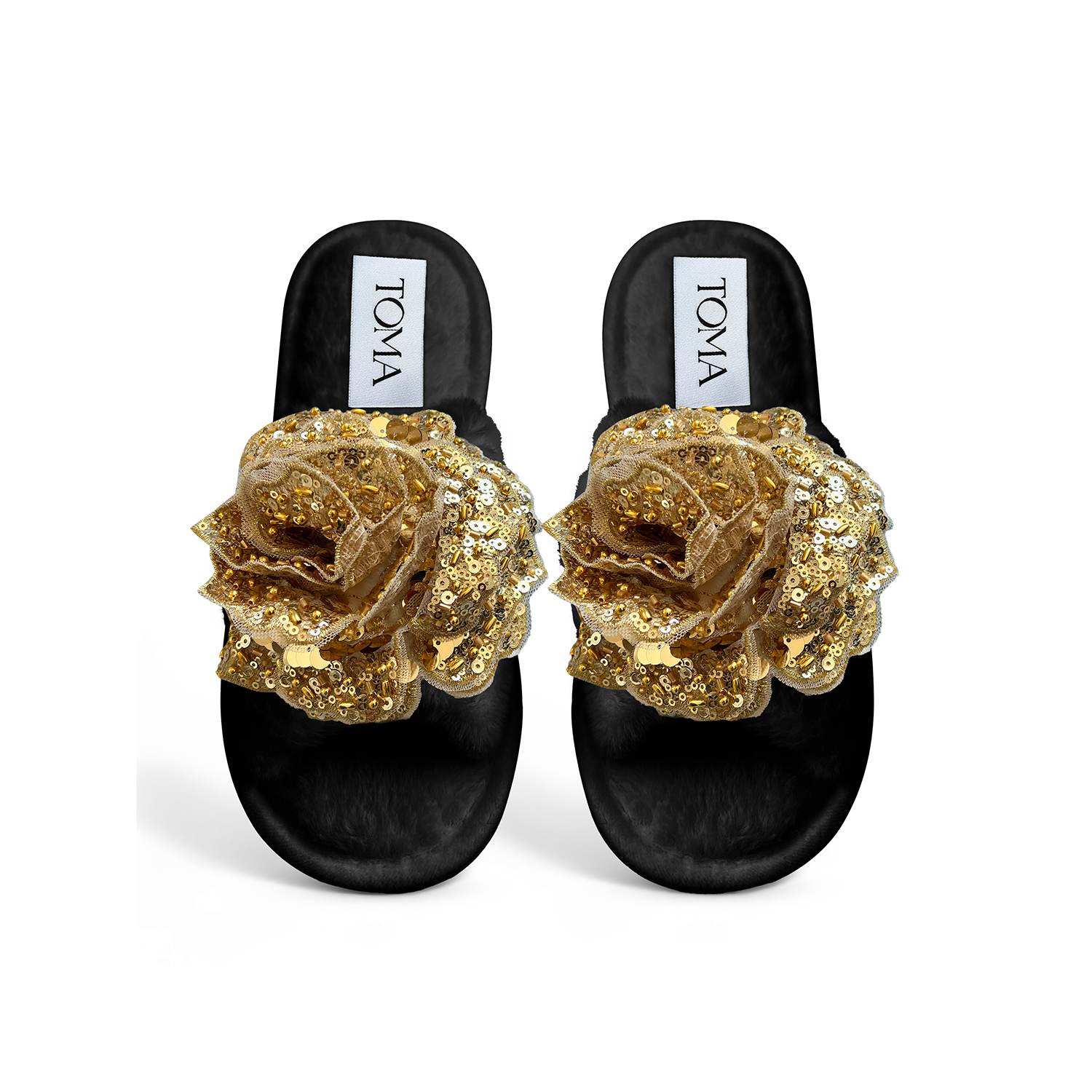 Toma Women's Black / Gold Handmade Faux Fur Open Toe Black Slippers In Multi