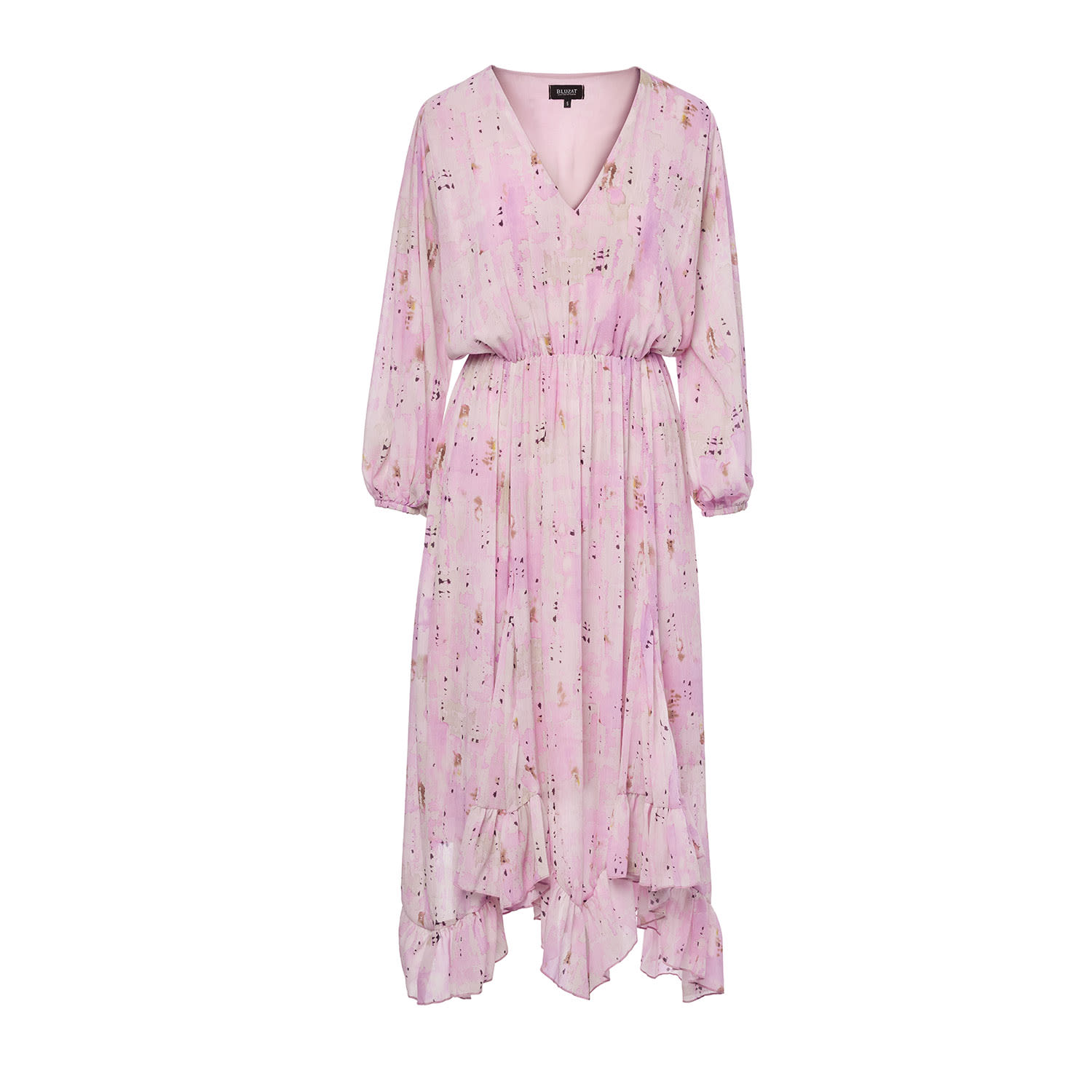 Bluzat Women's Pink / Purple Pink Midi Dress In Abstract Print With Pleats In Pink/purple