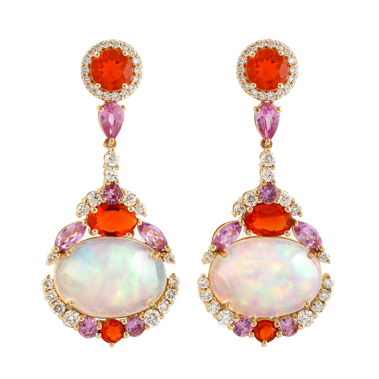 Women’s Gold / White Ethiopian Opal & Fire Opal With Pink Sapphire Pave Diamond In 18K Gold Luxury Dangle Earrings Artisan