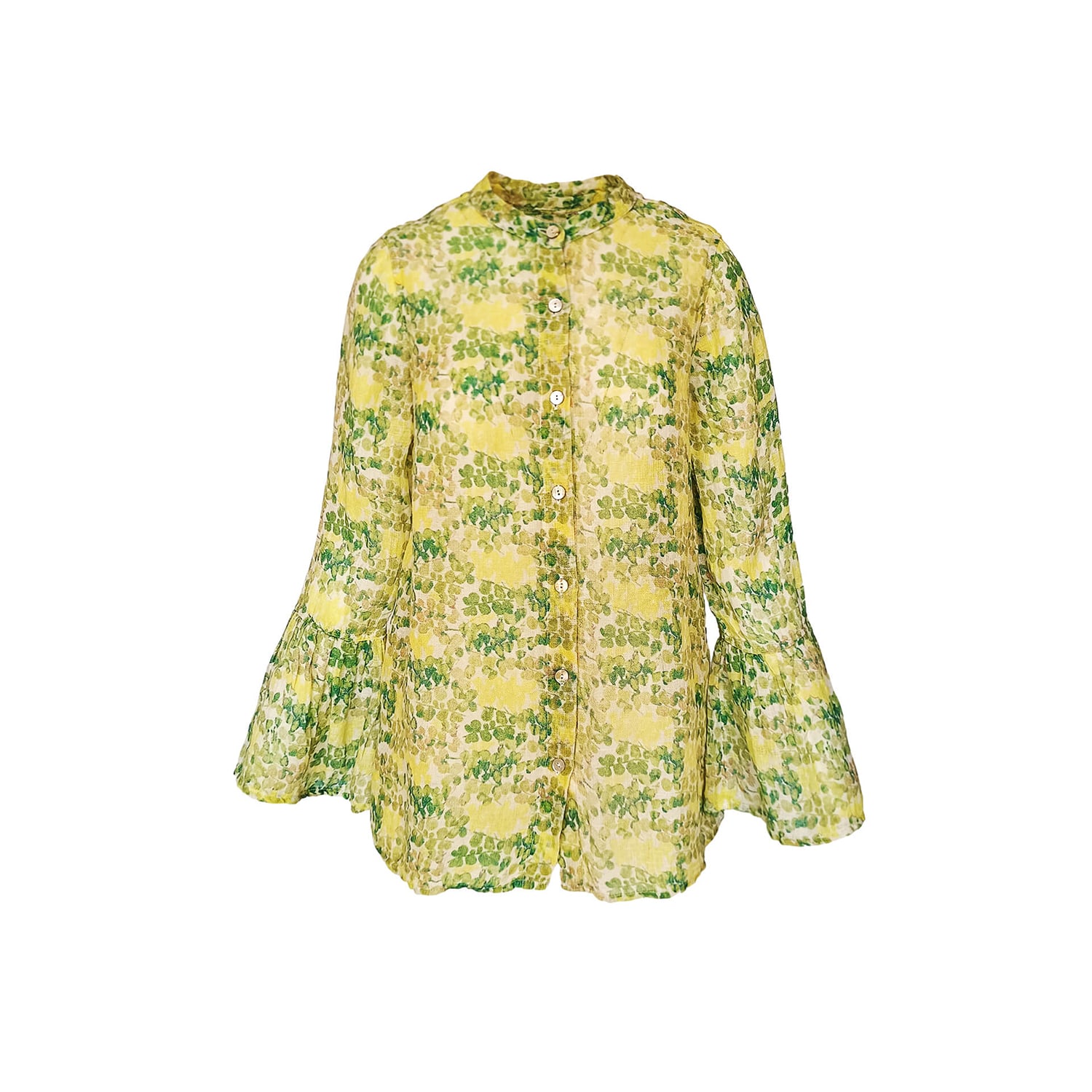 Haris Cotton Women's Printed Linen Gauze Shirt With Long Ruffled Sleeves - Petals Green