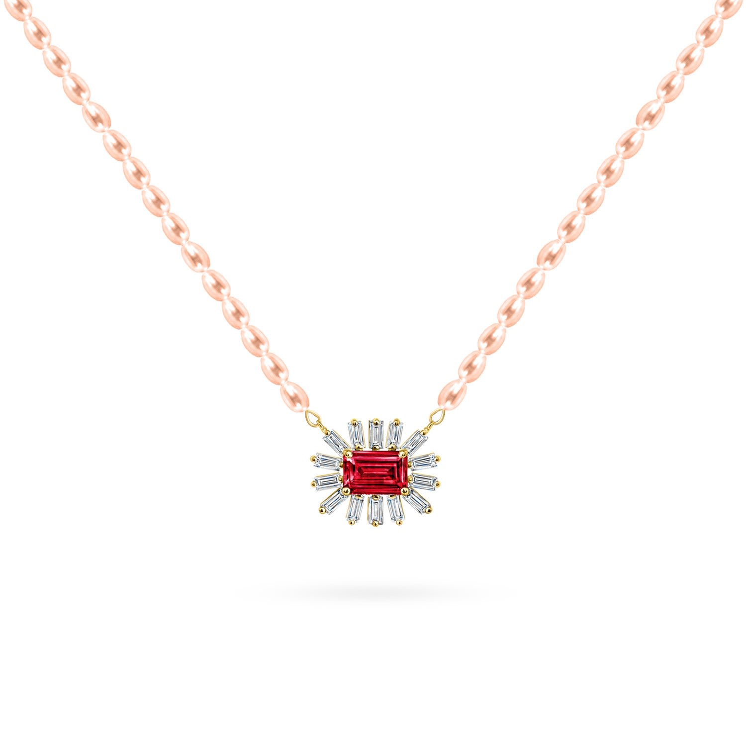 Women’s Necklace Cleopatra Baguette Rose Pearls On 18K Yellow Gold Diamonds And Precious Stones Ruby Aquae Jewels