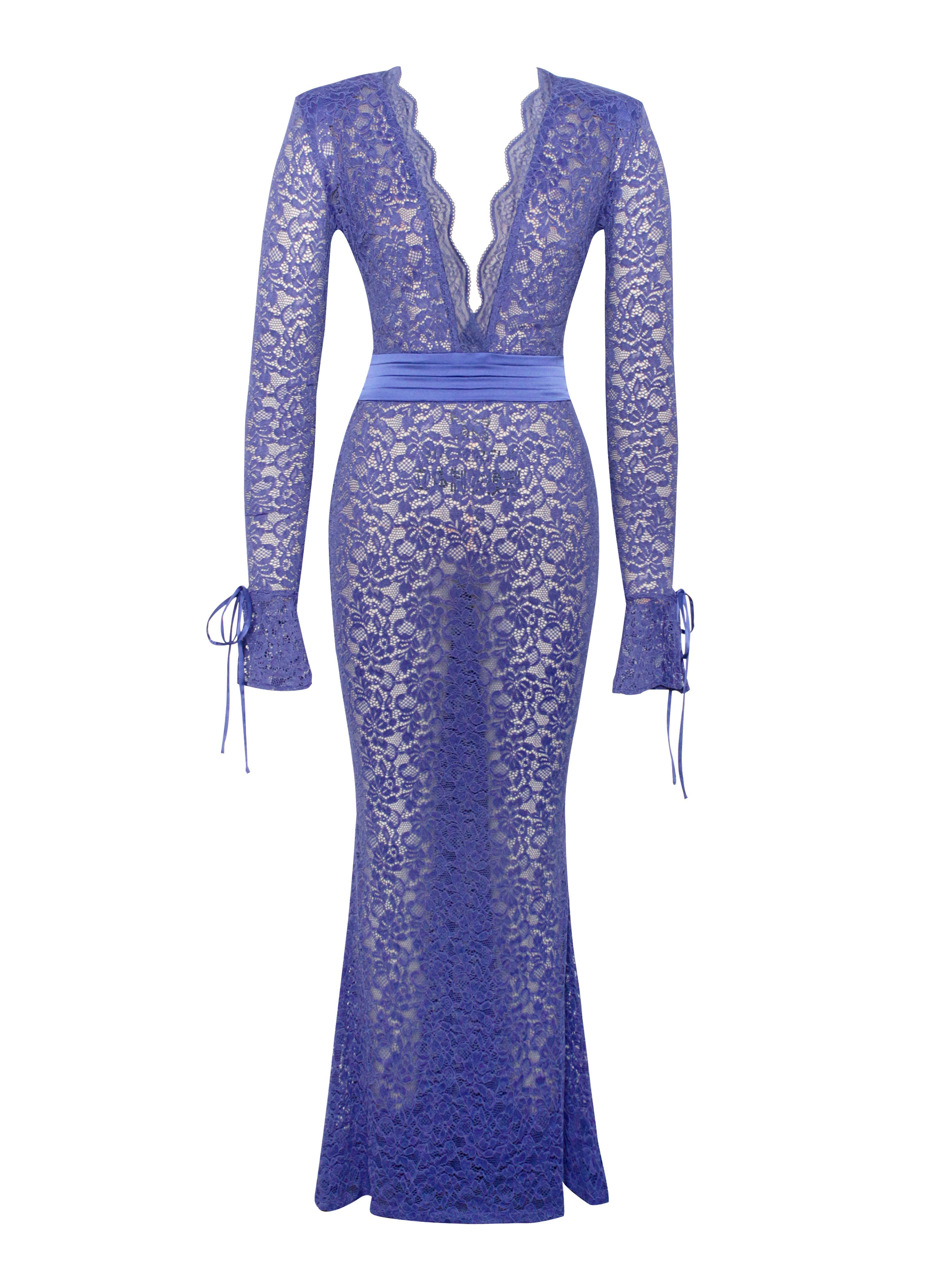 Miss Circle New York Women's Blue Giada Navy Lace Deep V Long Sleeve Maxi Dress
