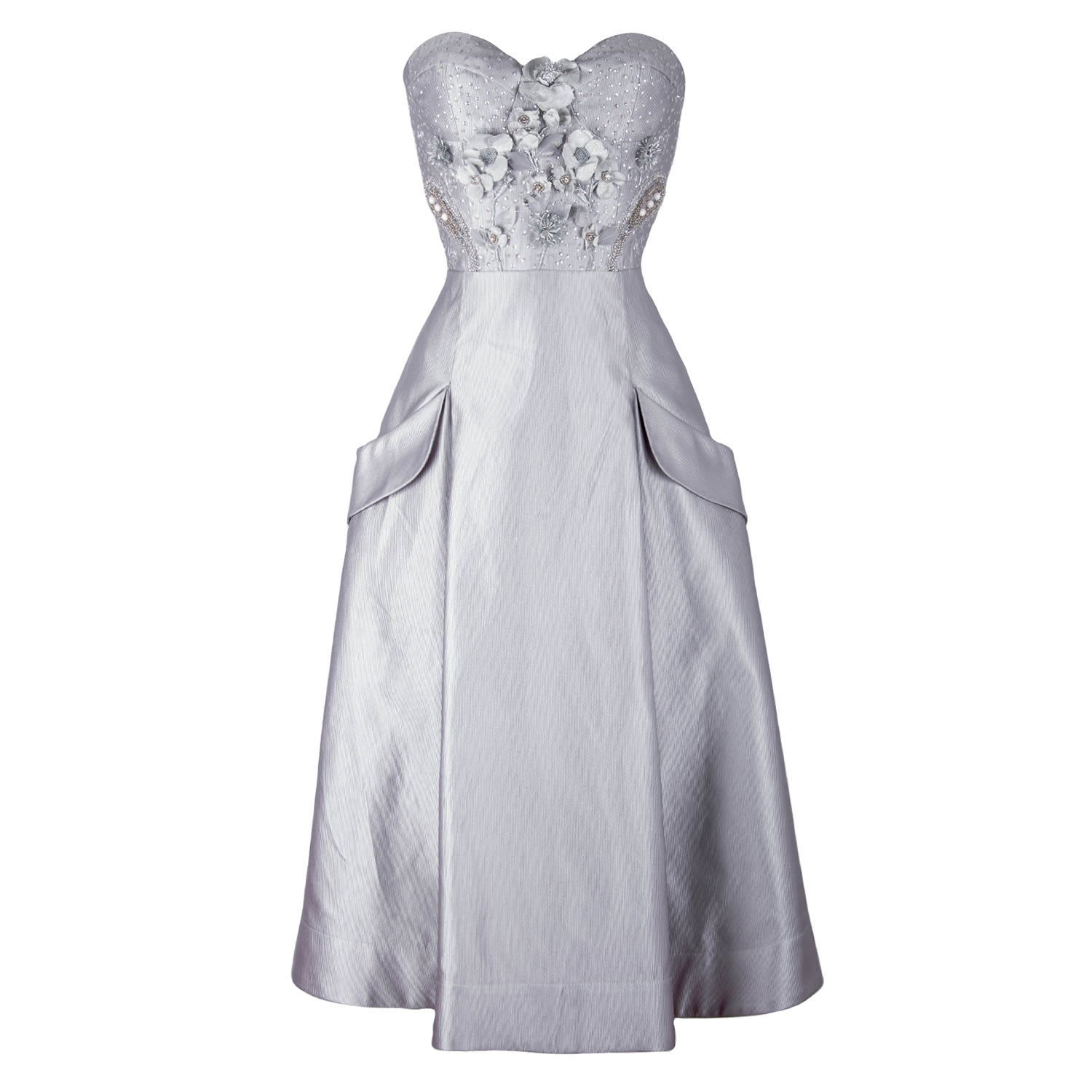 Rua & Rua Women's Silver Silk Corset Bustier Dress With Embroidery And Embellishment Of Crystals