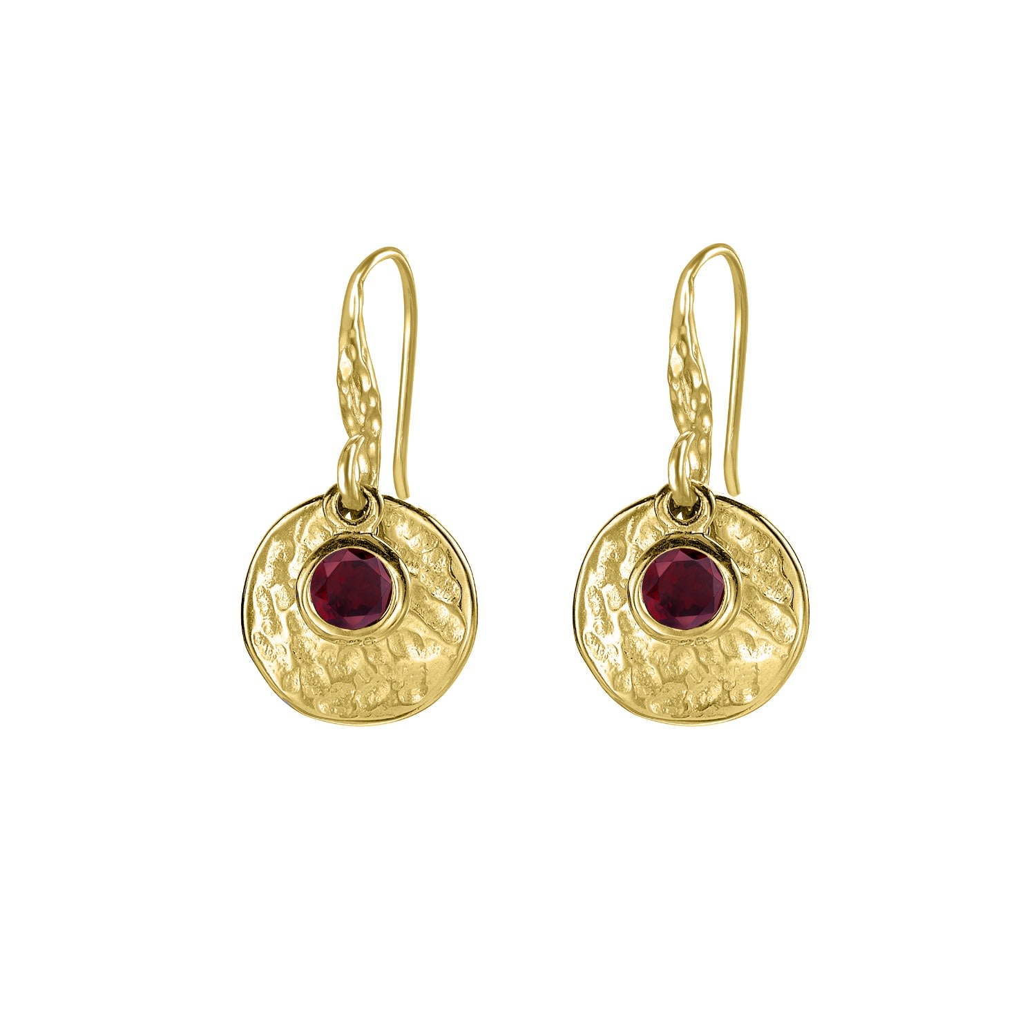 Women’s Gold Hammered Disc & Red Garnet Array Drop Earrings In Vermeil Dower & Hall