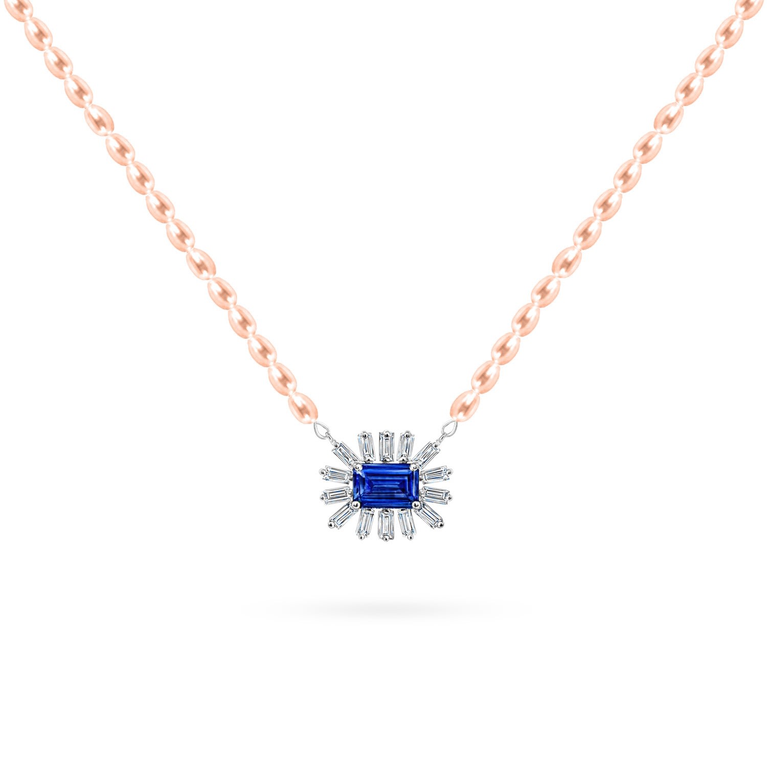 Women’s Necklace Cleopatra Baguette Rose Pearls On 18K White Gold Diamonds And Precious Stones Sapphire Aquae Jewels