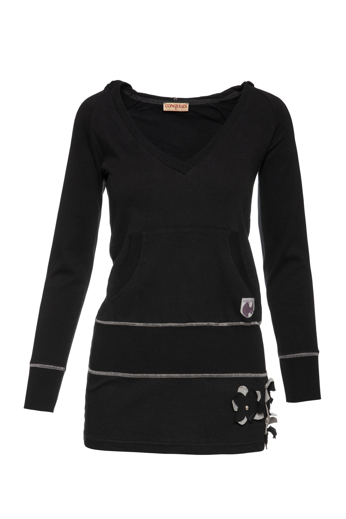 Conquista Women's Hooded Black Tunic With Appliqué Detail In Black