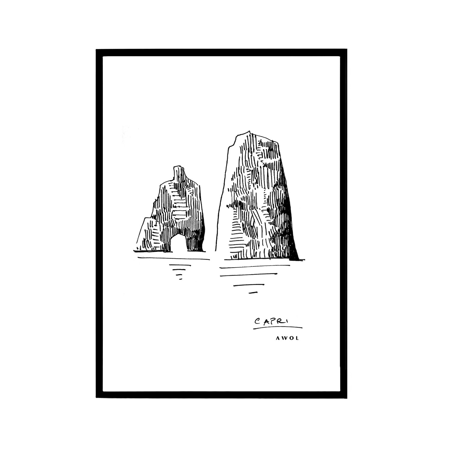 Black / White Iconic Capri: Hand-Drawn Pen And Ink Landscape Drawing Awol