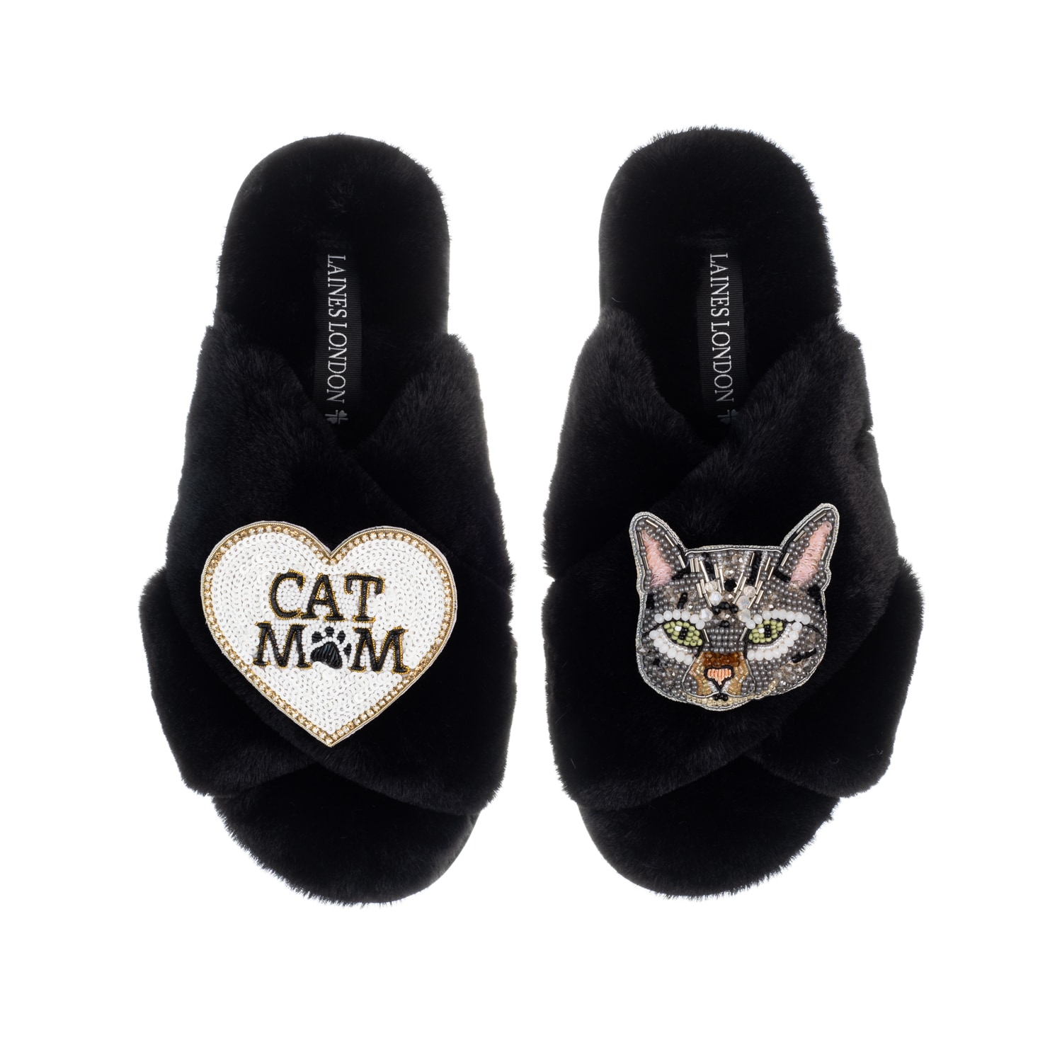 Laines London Women's Classic Laines Slippers With Grey Pebbles Cat & Cat Mum / Mom Brooches - Black In Black