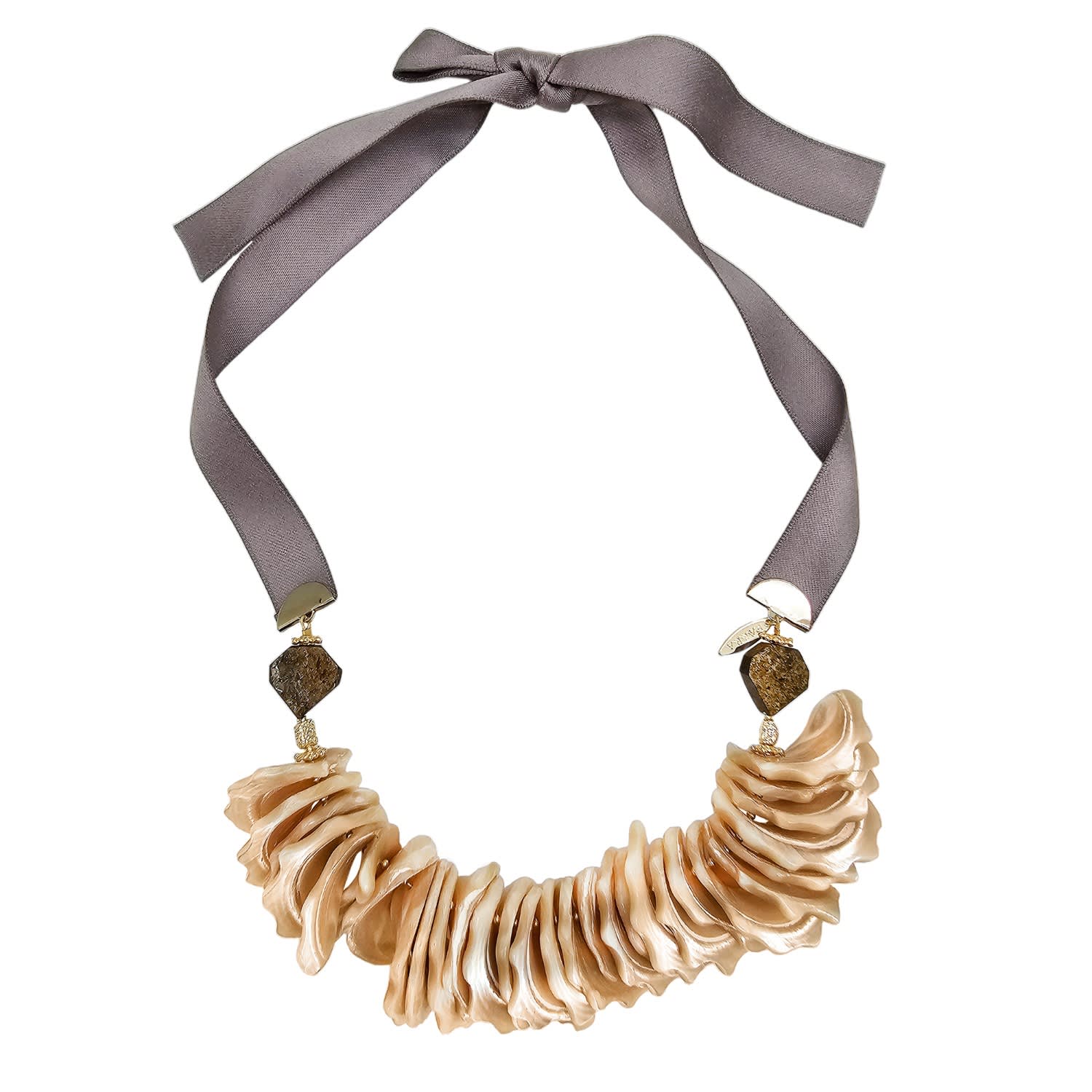 Farra Women's Brown Giant Shell Pendant With Silk Ribbon Statement Necklace