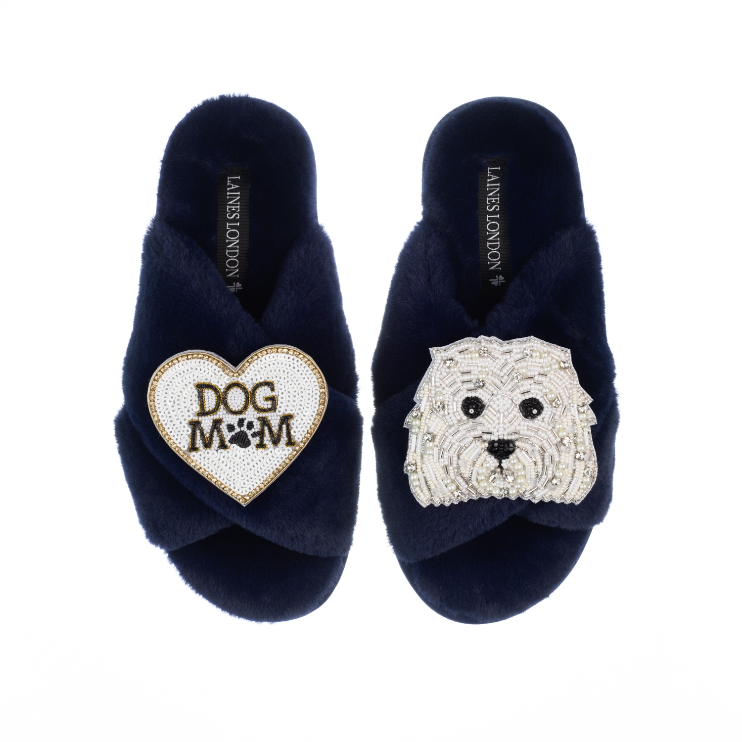 Women’s Blue Classic Laines Slippers With Queenie & Dog Mum / Mom Brooches - Navy Medium Laines London