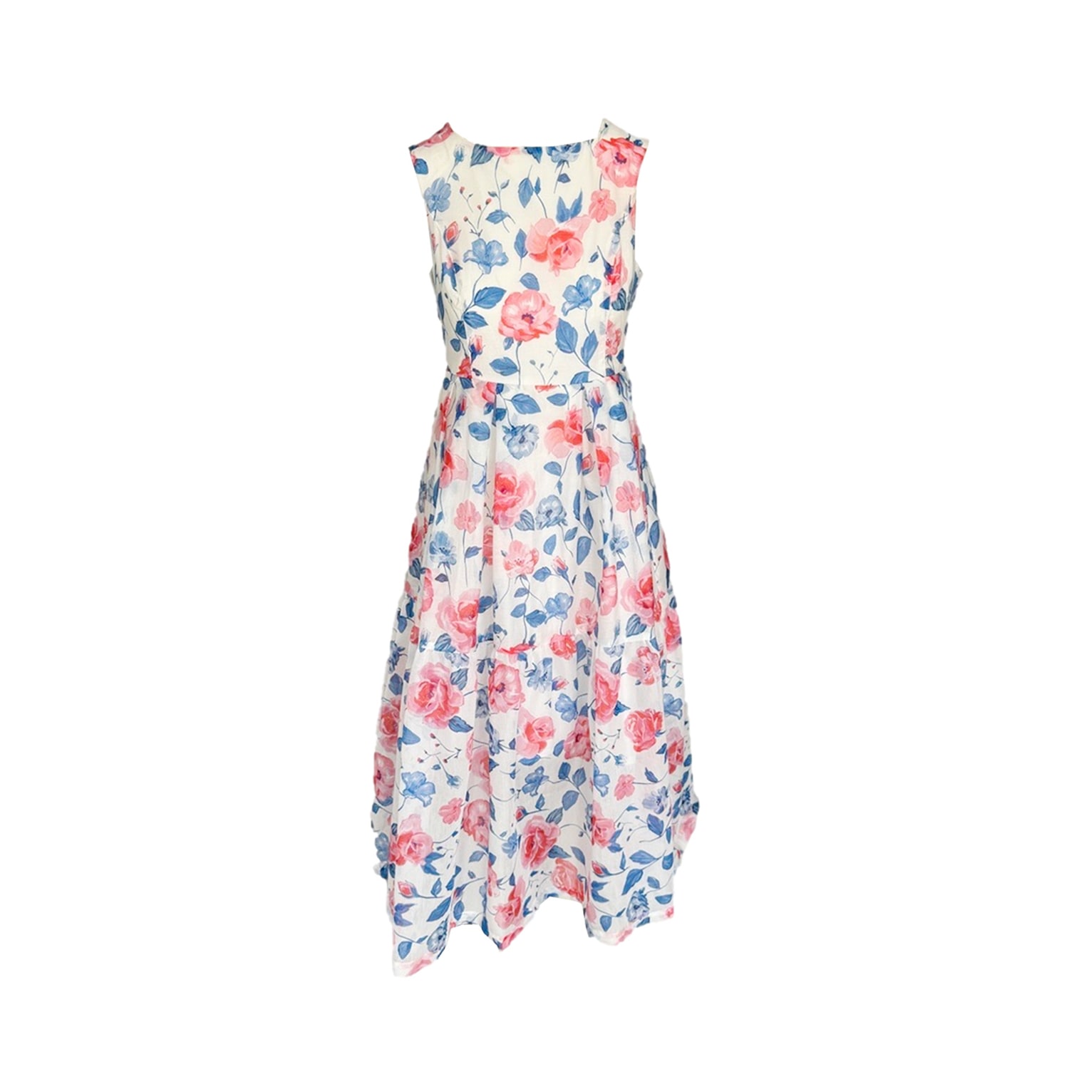 Women's Blue / Pink / White Printed Silk Blend Maxi Sleeveless Dress With Elastic Back Waist Blue Wild Rose | Small | Haris Cotton