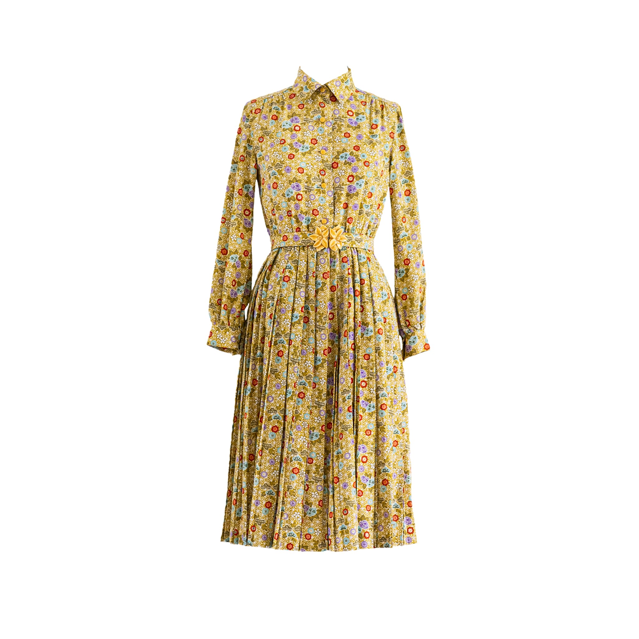 Women's Yellow / Orange Vintage Chiffon Yellow Floral Print Collared Midi Dress Medium Sugar Cream Vintage