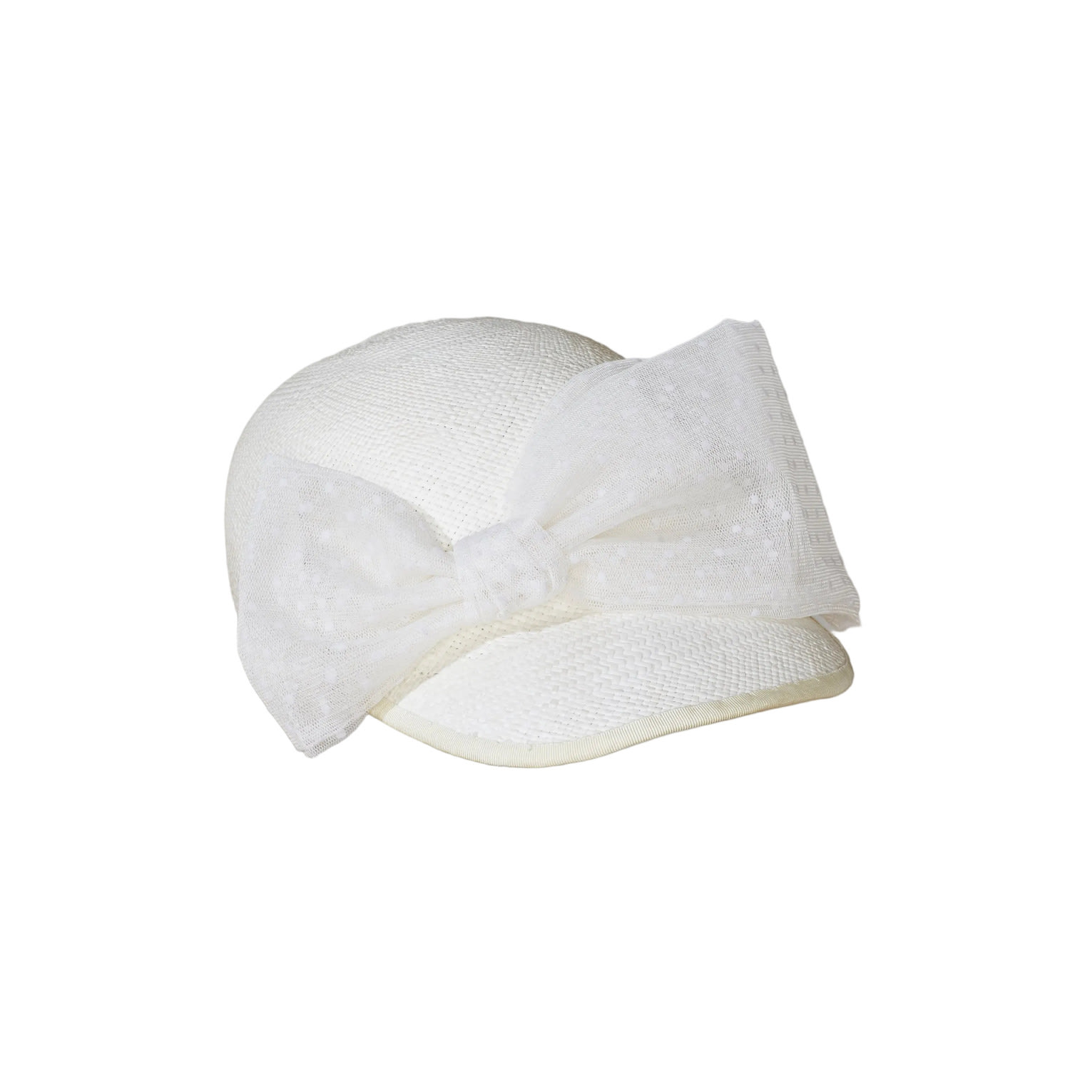 Women's Judy White Straw Cap With Polka Dot Tulle Bow | Misa Harada Millinery