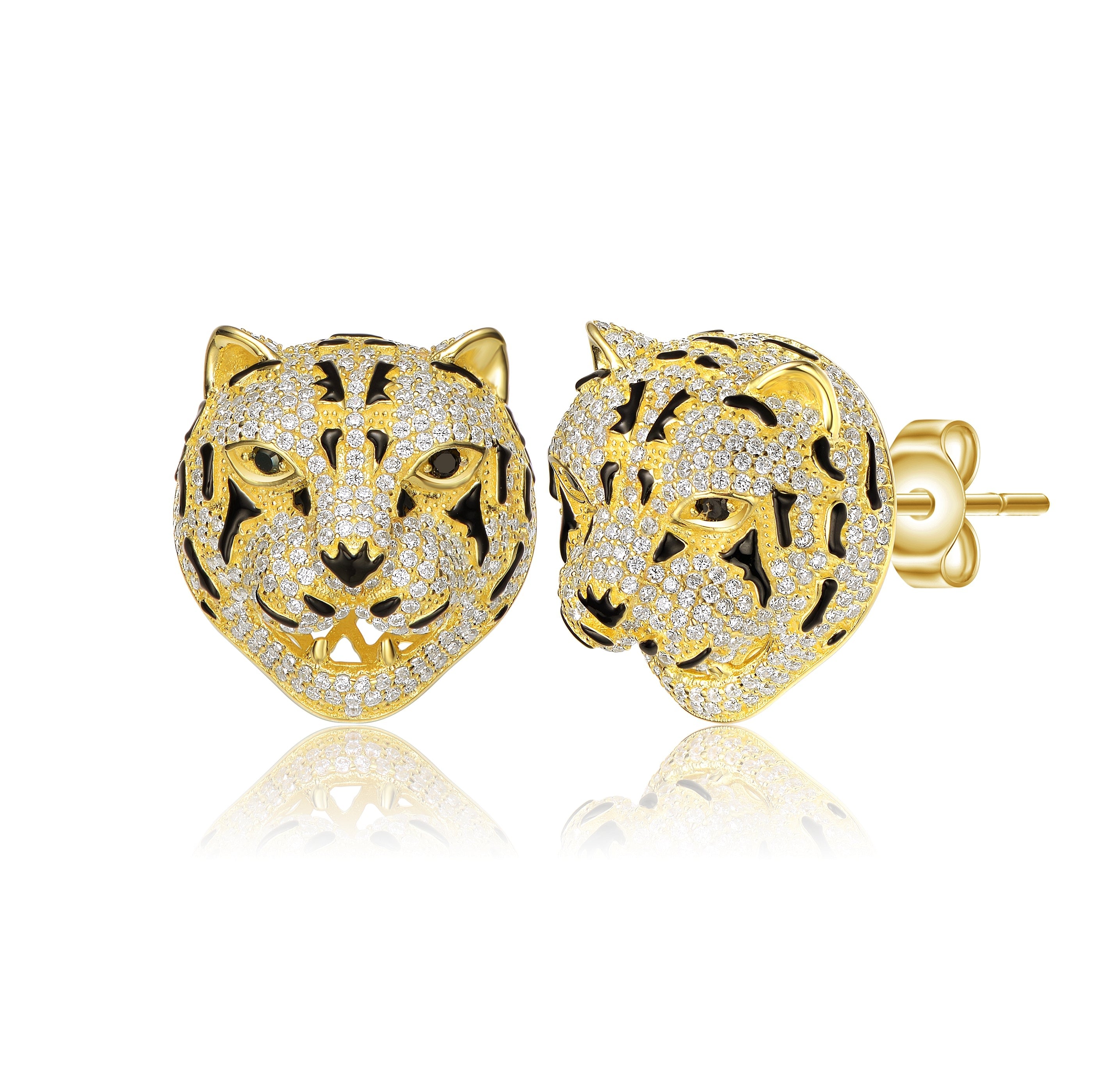 Women’s Gold / Black / White Sterling Silver Yellow Gold Plated With Cubic Zirconia Leopard Head Stud Earrings Genevive Jewelry