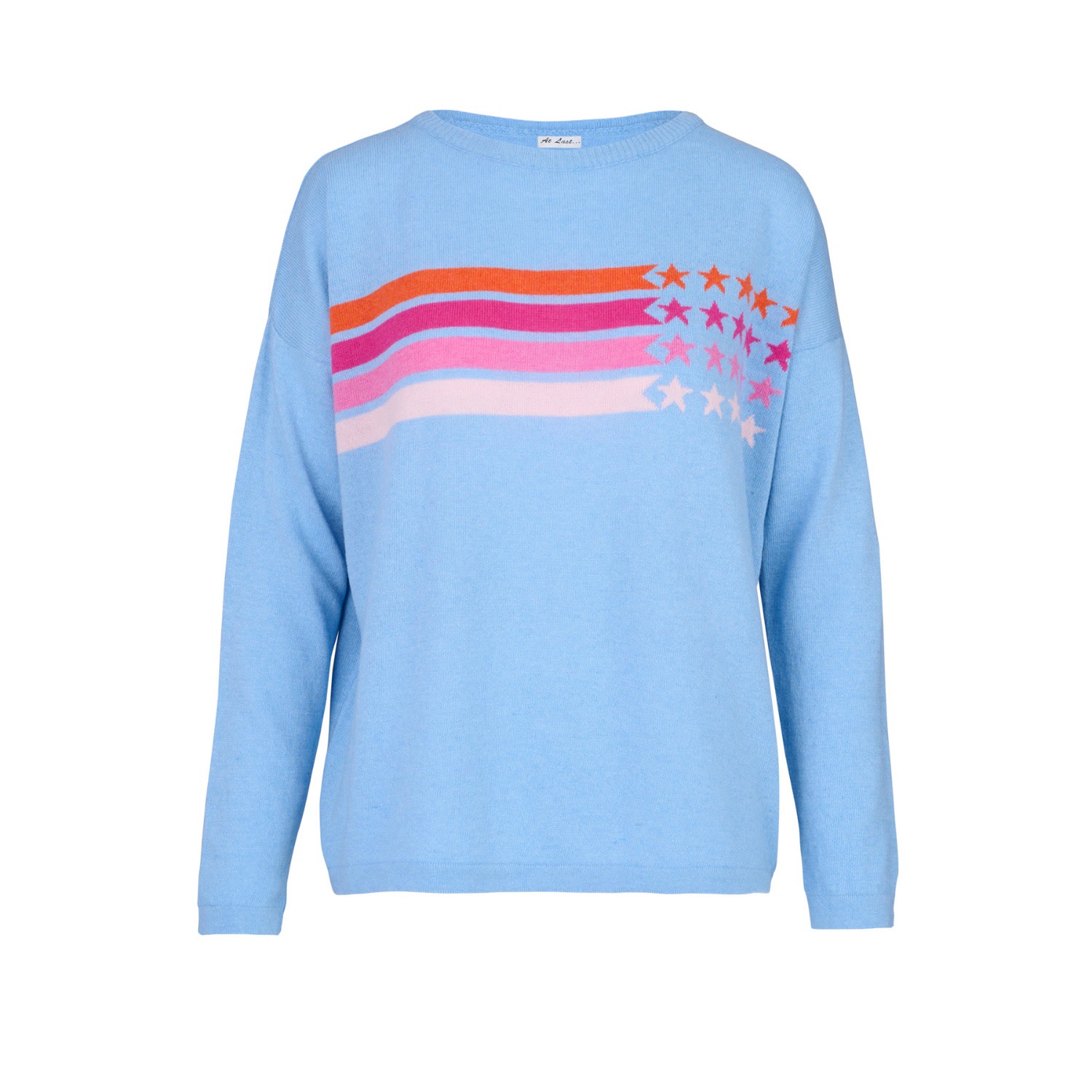 At Last... Women's Cashmere Mix Sweater In Sky Blue Stripe & Star In Blue