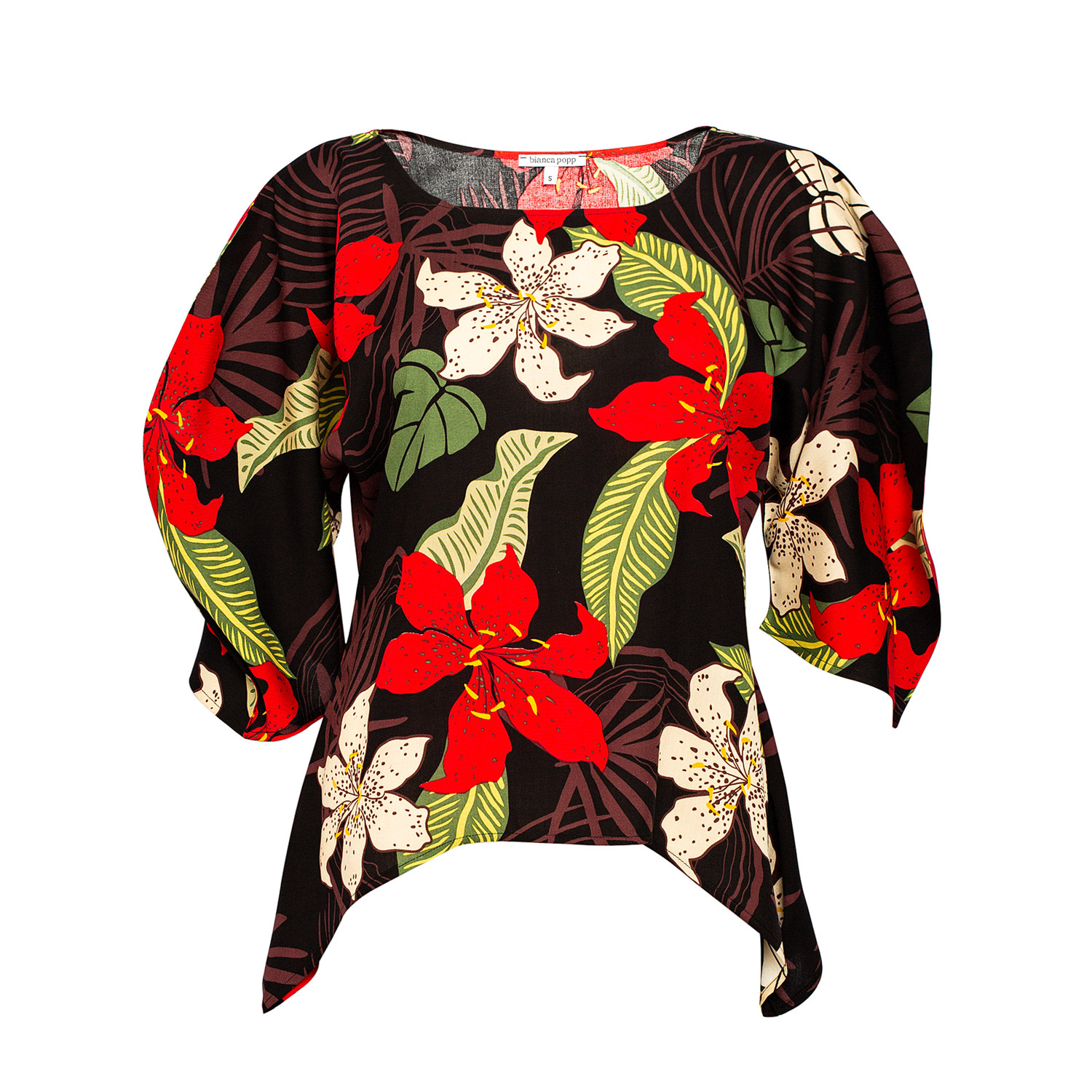 Bianca Popp Women's Puff Blouse With Flaps In Black Floral Print In Black